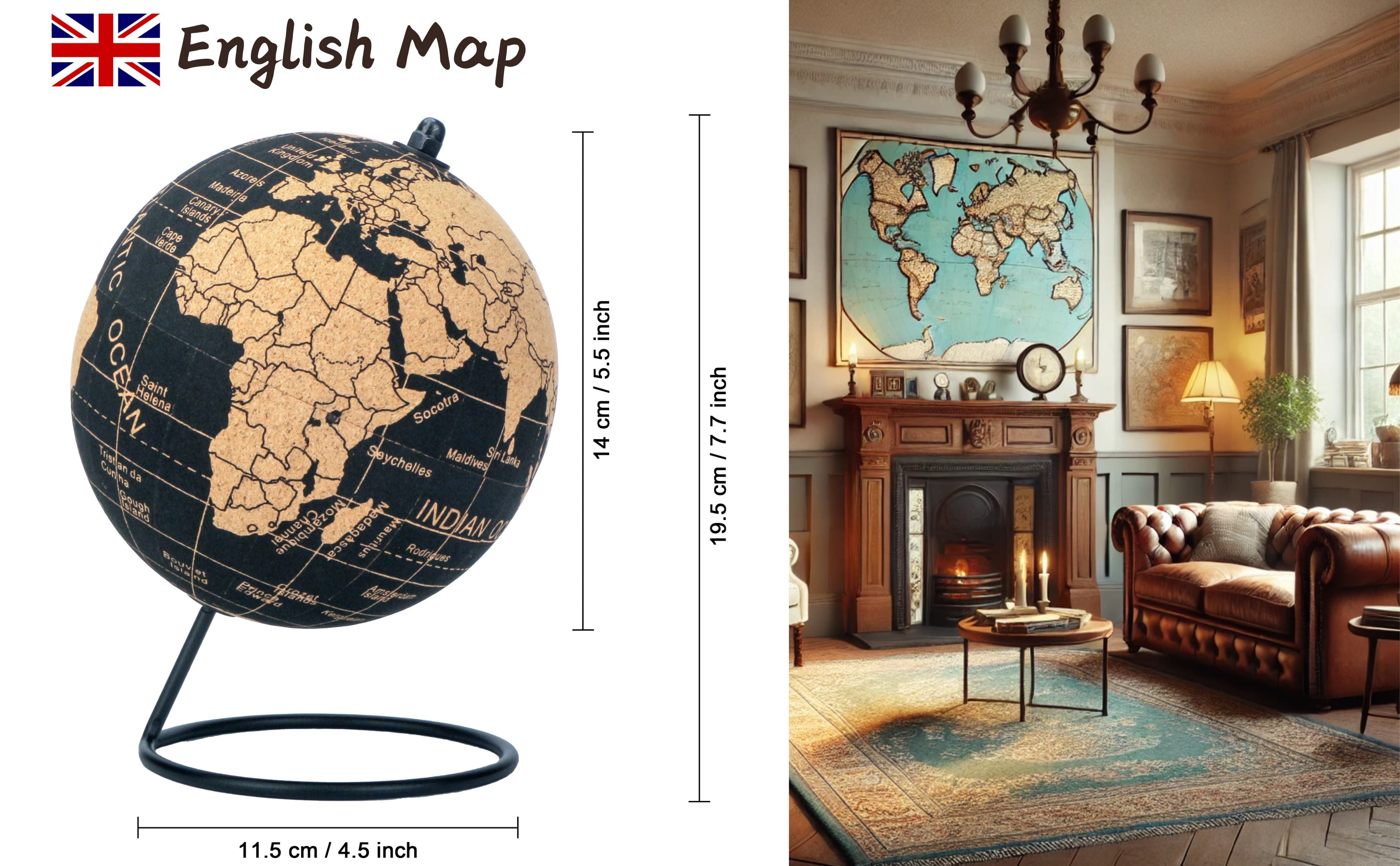 Exerz Cork Globe 14cm Pinnable, English Map, Pins Included, Natural Cork Black