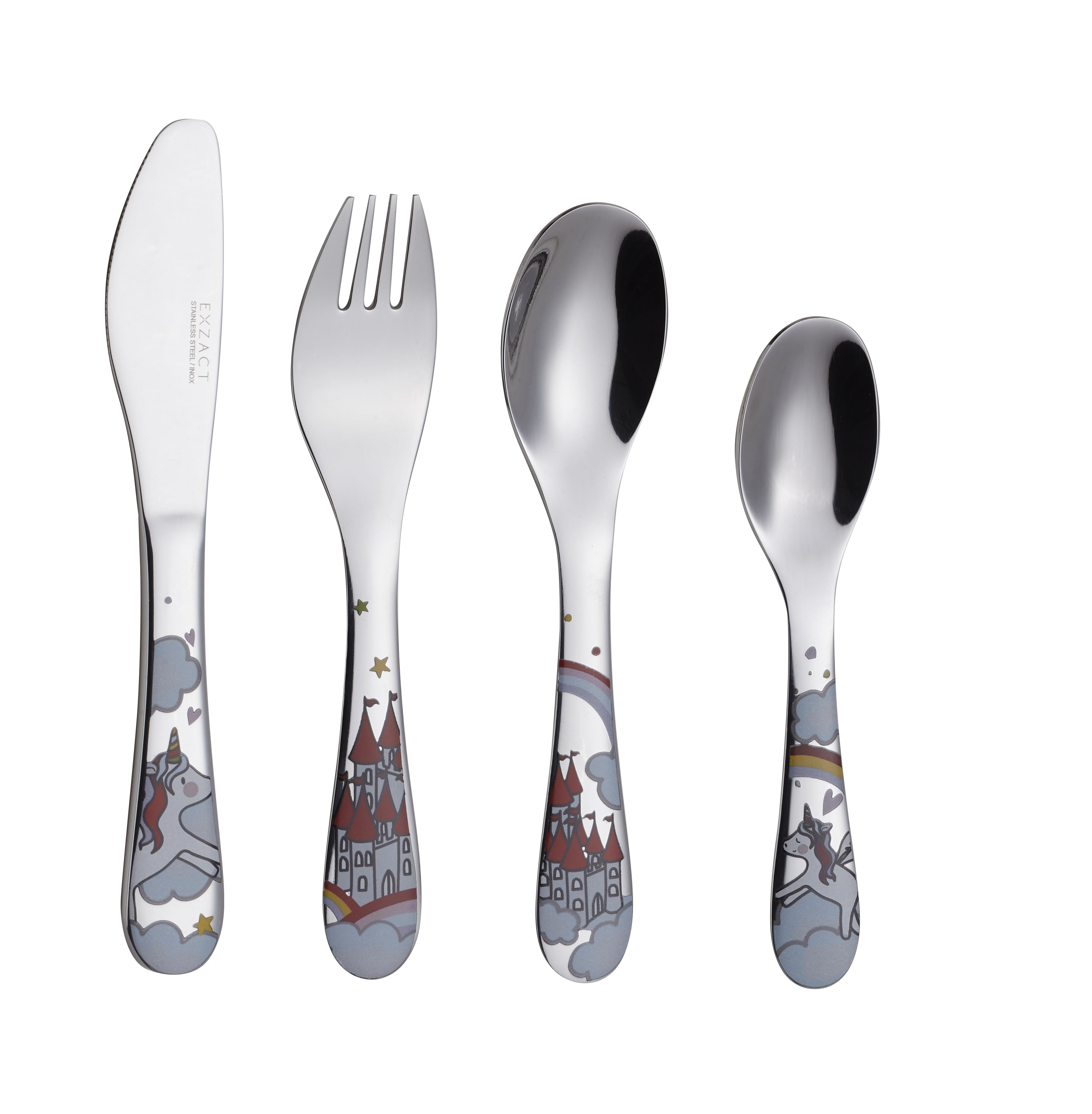 Exzact Children's Cutlery 4pcs Stainless Steel - 1 Fork, 1 Safe Dinner Knife, 1 Dinner Spoon, 1 Dessert Spoon