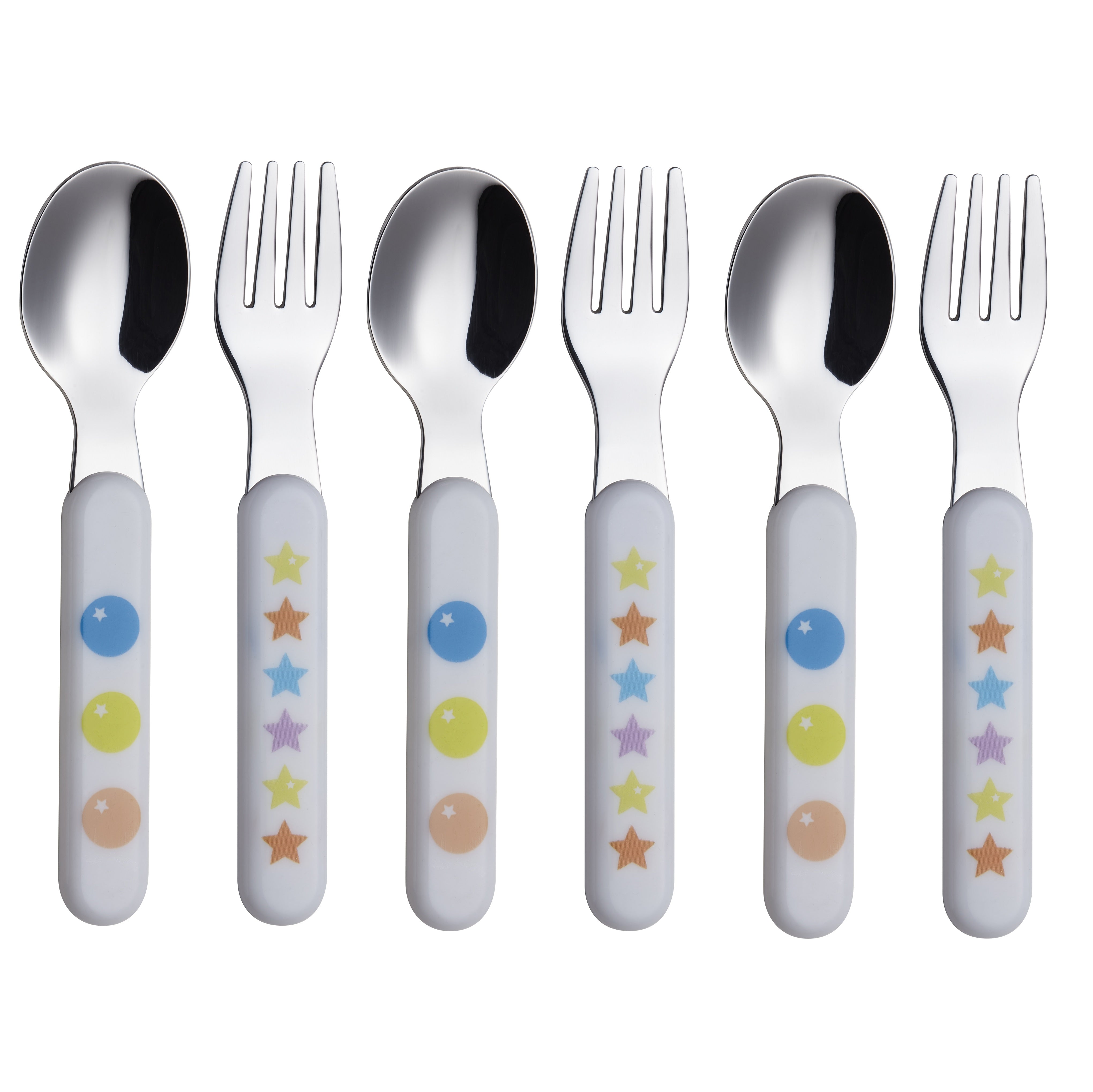 EXZACT Kids Cutlery 6pcs - Forks,Safety Knives,Dinner Spoons - Stars & Dots