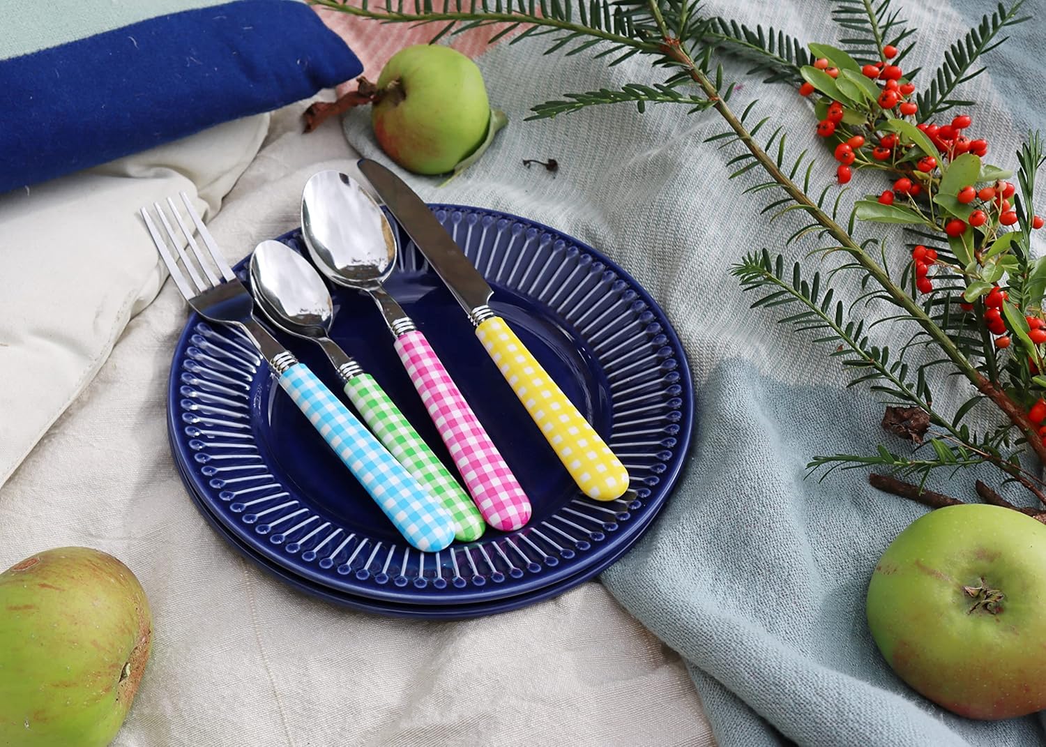 EXZACT Cutlery Set 24pcs Stainless Steel with Gingham Check Coloured Handles