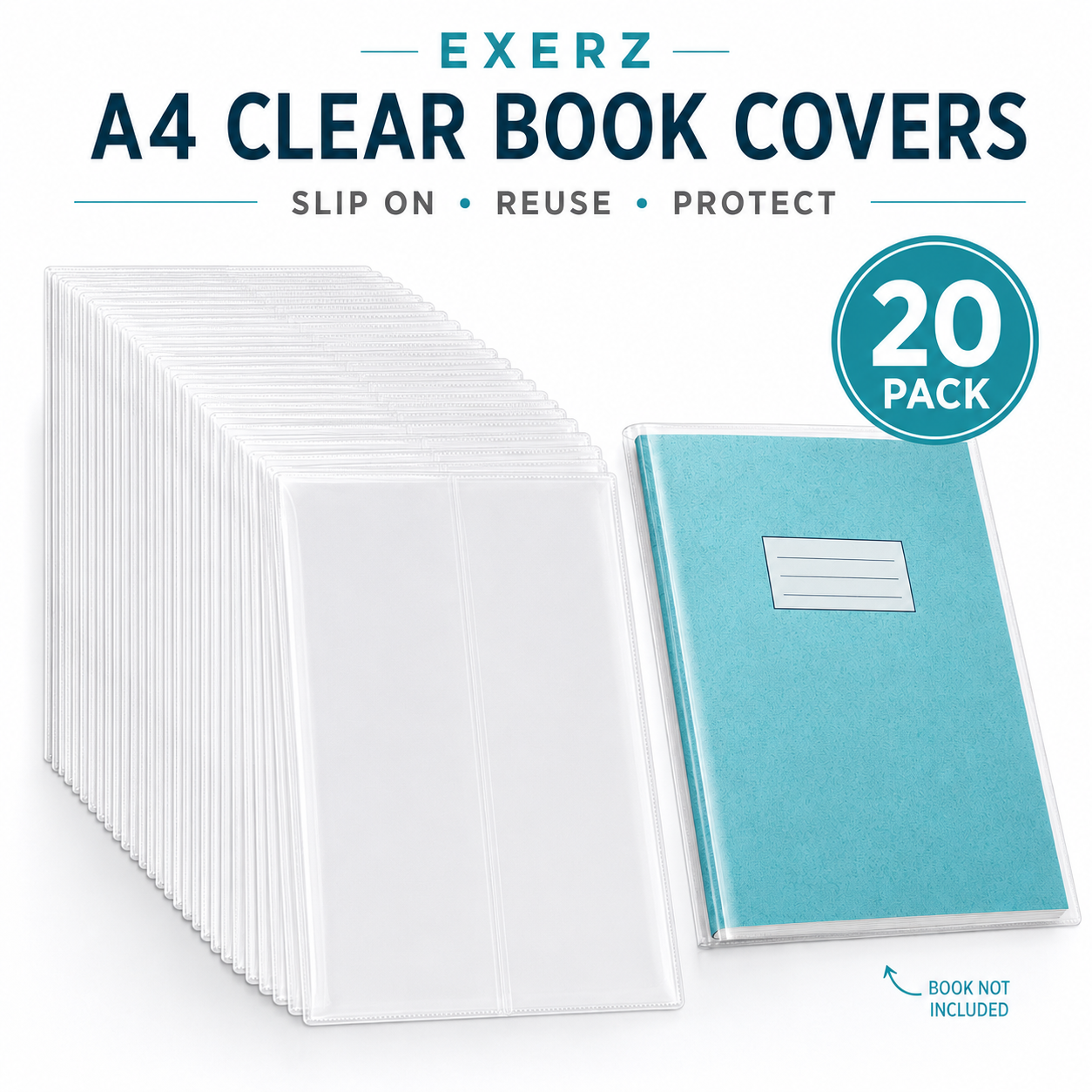 EXERZ A4 Clear Exercise Book Covers 20 Pack PVC Reusable Slip On Sleeves