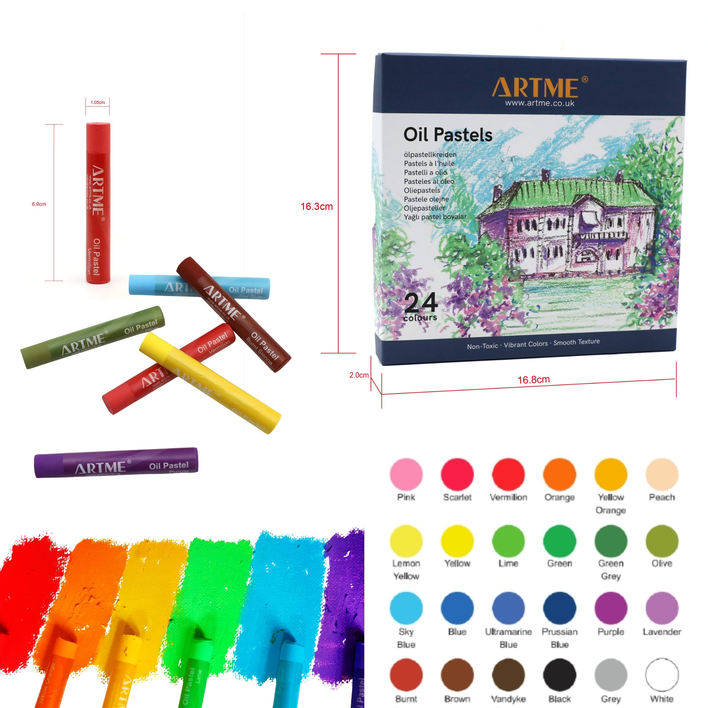 Artme Oil Pastel Paint Sticks 24 Assorted Vibrant Colours for Canvas & Paper