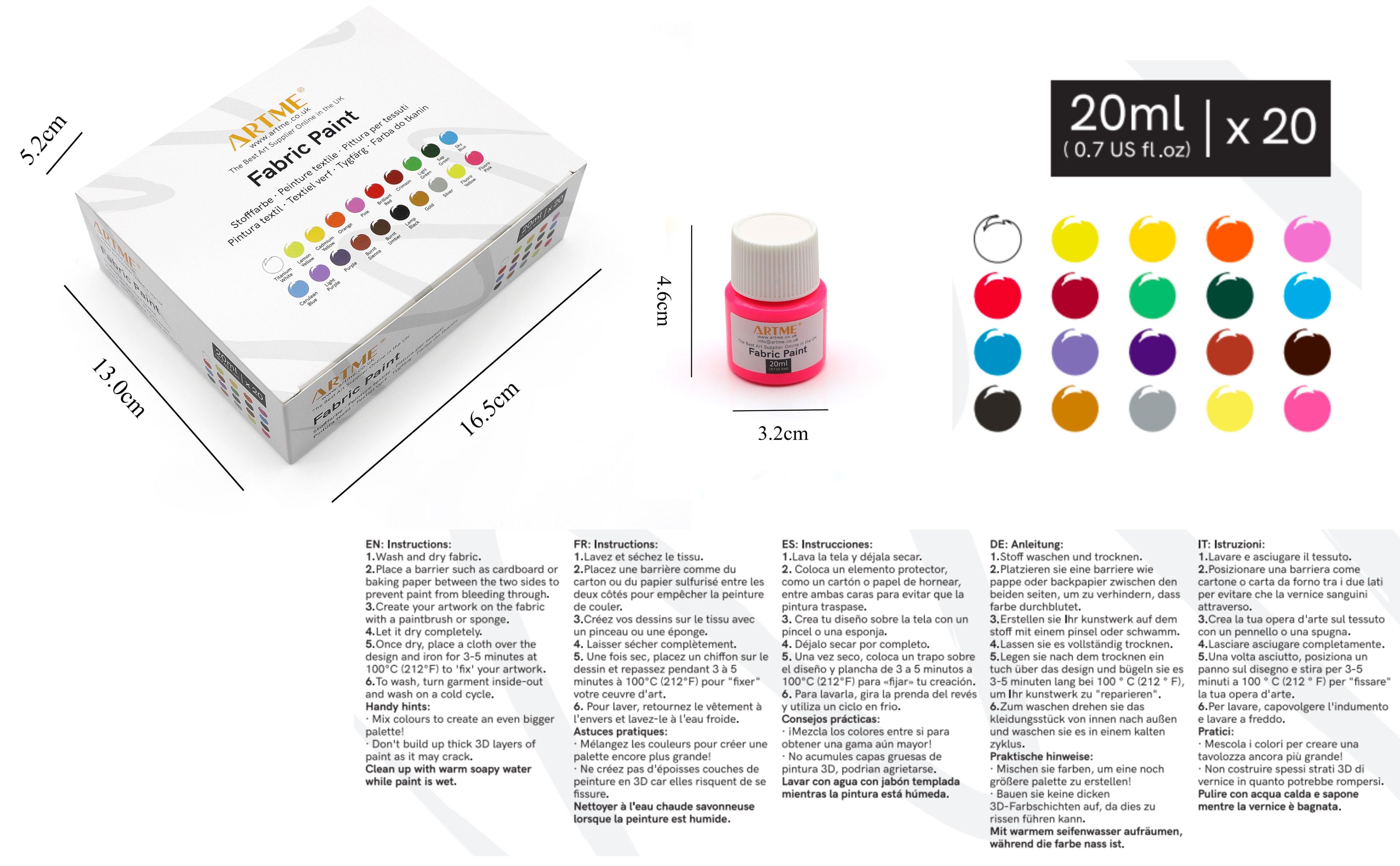 Artme Fabric Paint Set 20 Colours 20ml x 20 - Wash-safe