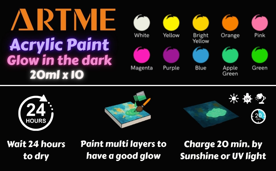 Artme Glow in the Dark Acrylic Paint Set – 10 Neon Colours x 20ml Tubes