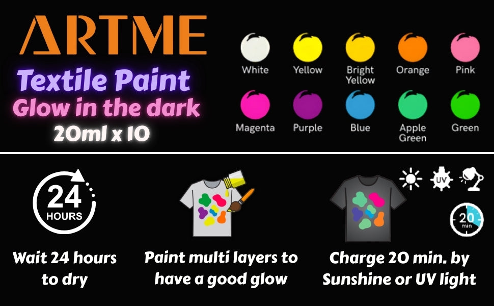 Artme Glow in the Dark Textile Paint 20ml x10pcs – Fabric Paint Set