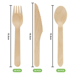 EXZACT Disposable Wooden Cutlery 150 Pieces - Party Forks Knives & Spoons
