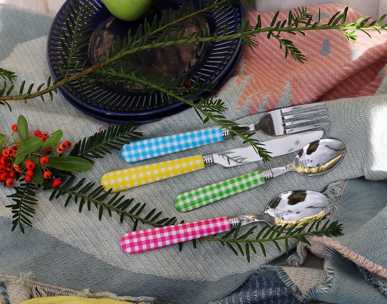 EXZACT Cutlery Set 24pcs Stainless Steel with Gingham Check Coloured Handles