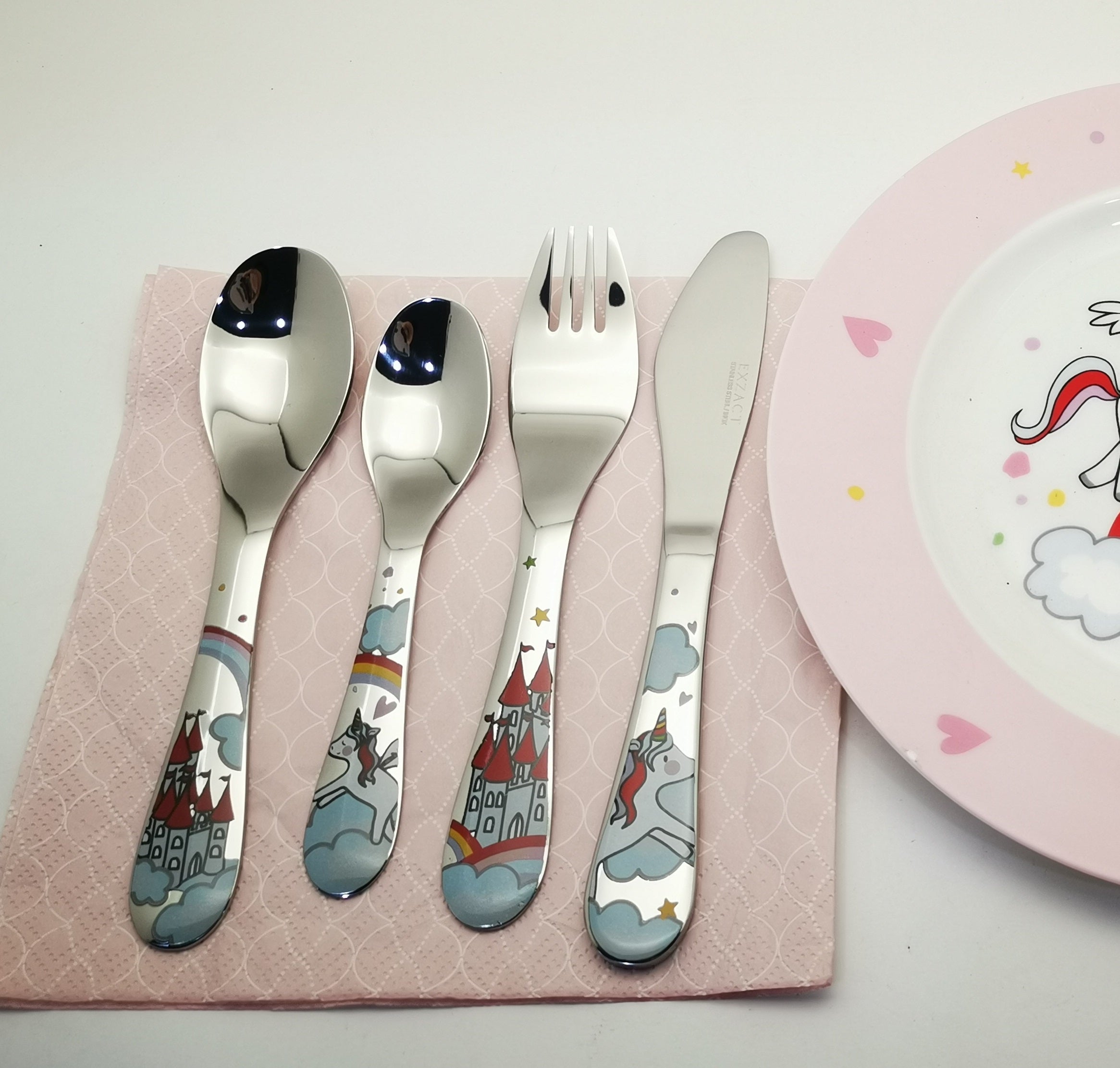 Exzact Children's Cutlery 4pcs Stainless Steel - 1 Fork, 1 Safe Dinner Knife, 1 Dinner Spoon, 1 Dessert Spoon