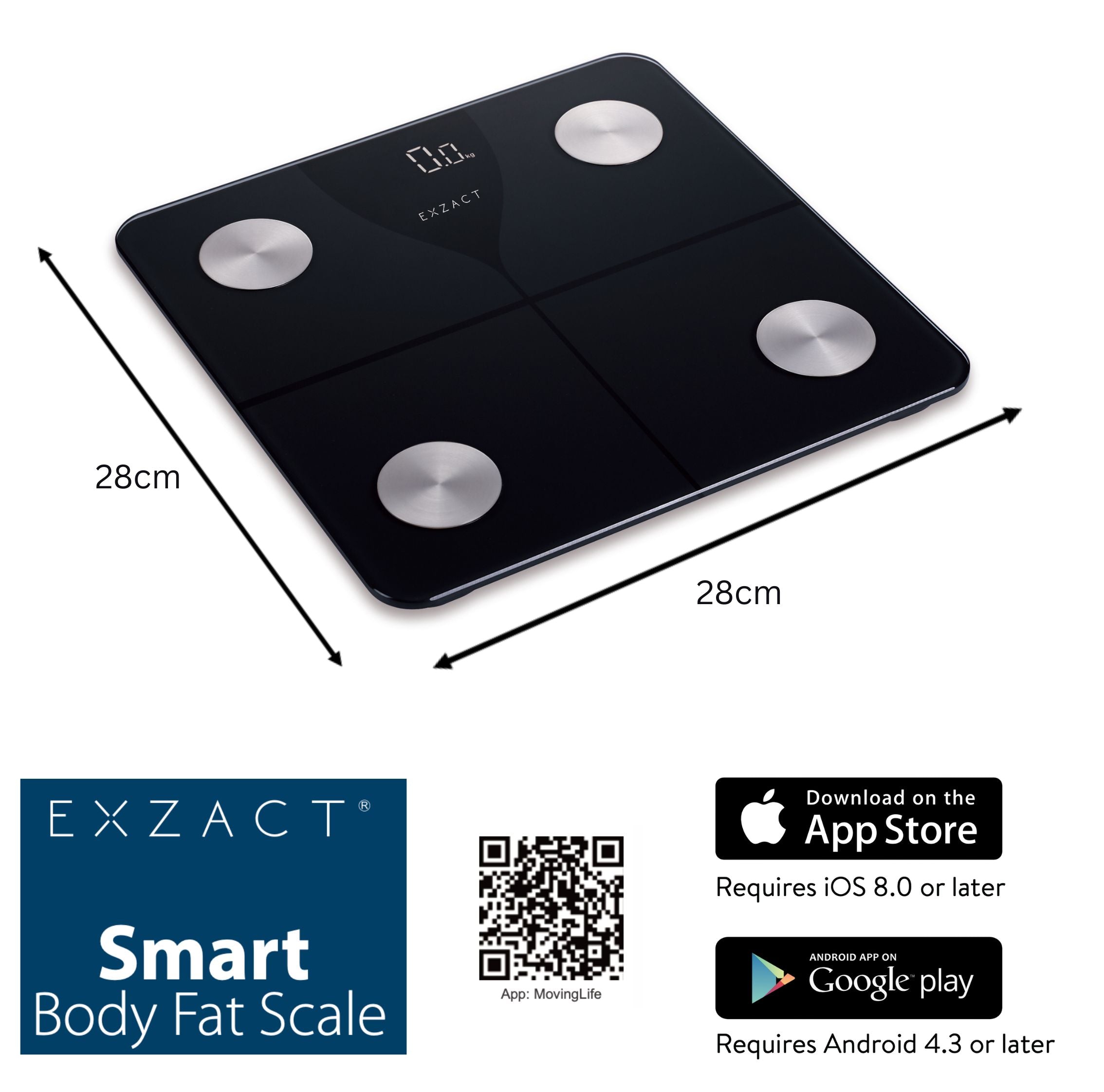 EXZACT Smart Digital Bathroom Scale – Bluetooth iOS/Android, 180kg, Body Fat