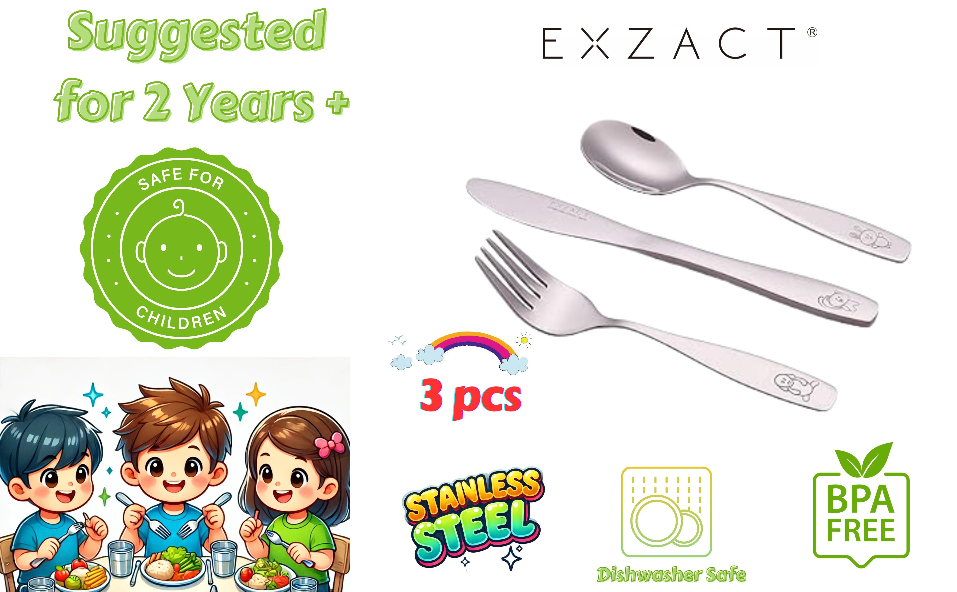 Exzact Children's Cutlery Stainless Steel 3pcs Set - Engraved Design (Dog Cat Bunny x 3)