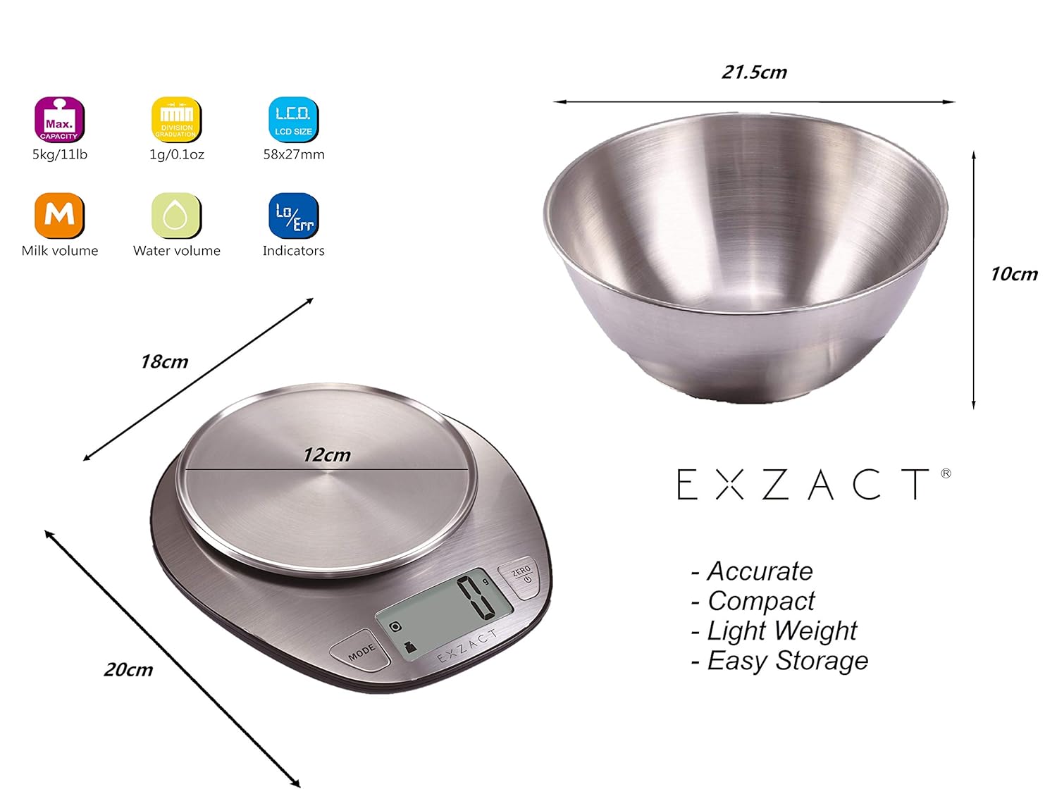 Exzact Digital Kitchen Scale with a Mixing Bowl Stainless Steel