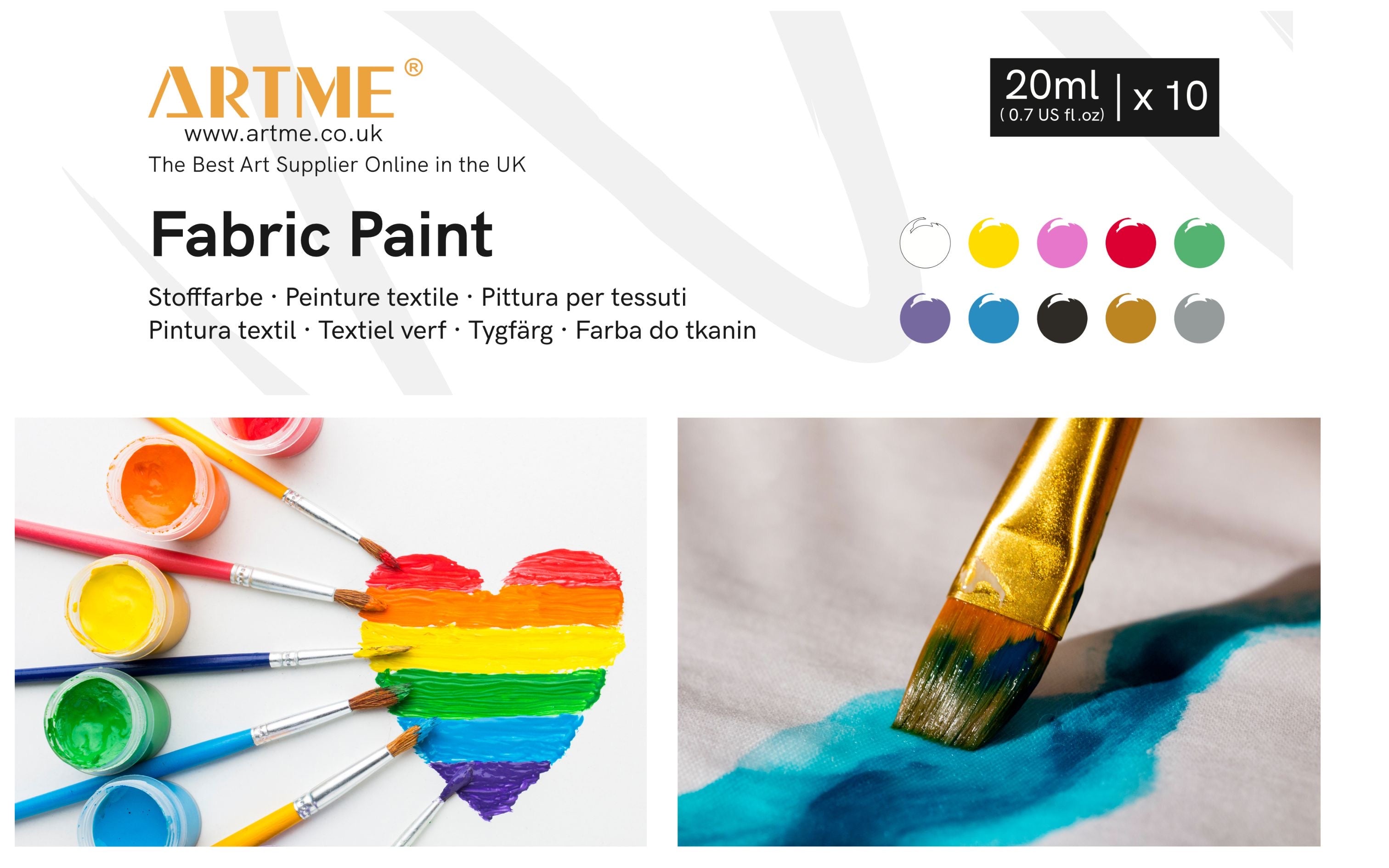 Artme Fabric Paint Set 10 Colours 20ml x10 - Wash-Safe