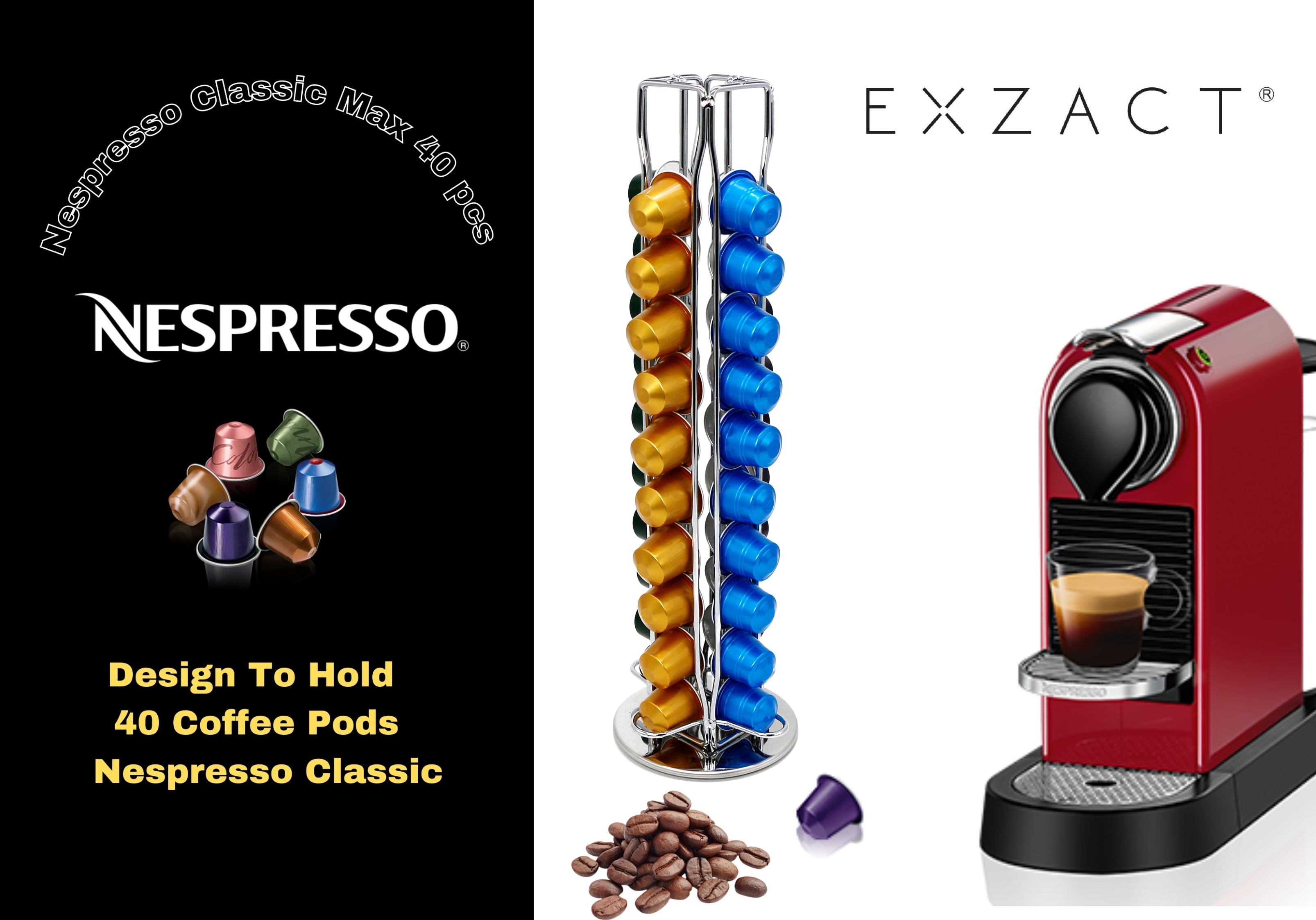 EXZACT Coffee Capsule Holder Compatible with Nespresso Classic(Silver Chrome)