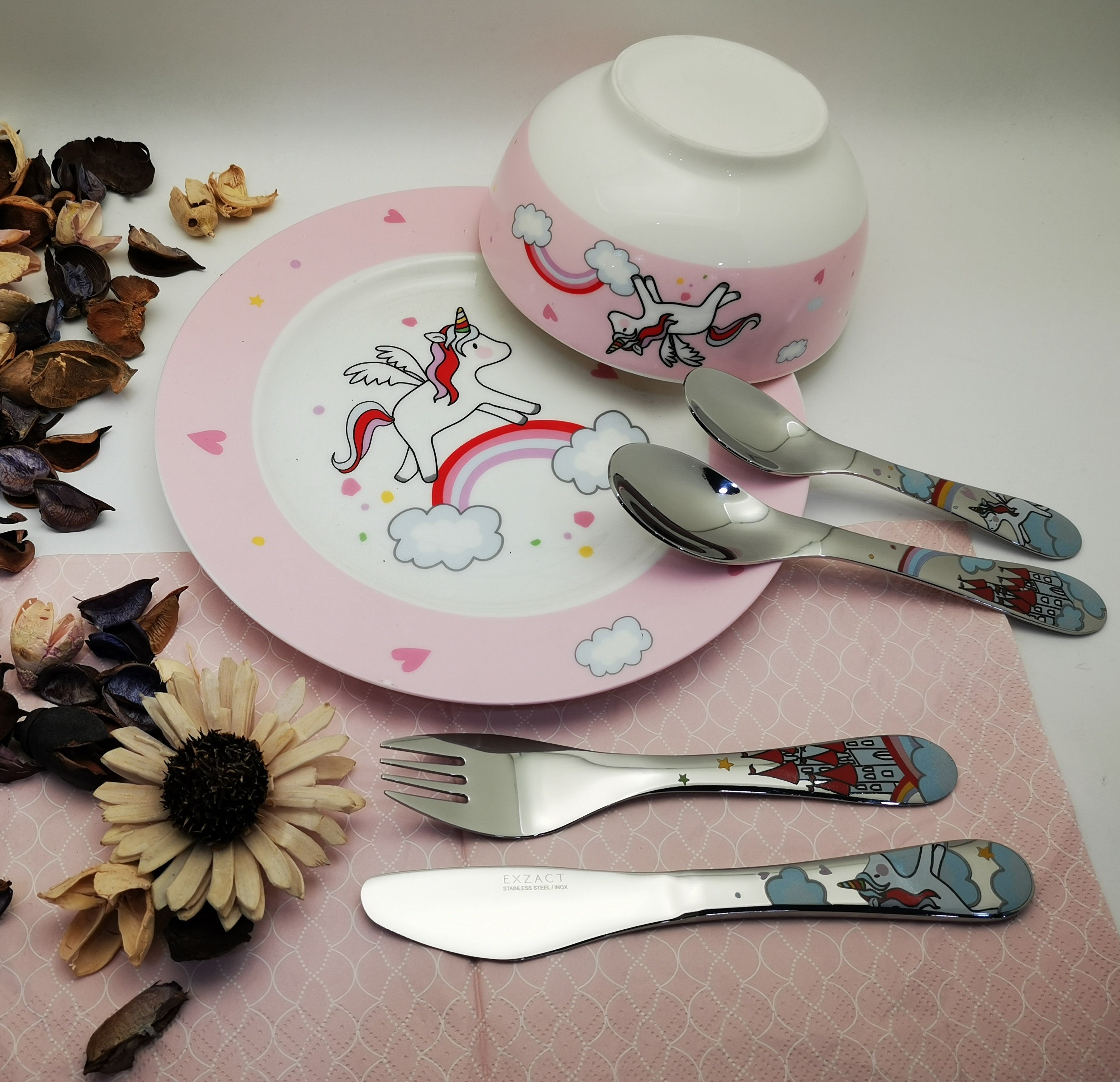 Exzact Children's Cutlery 4pcs Stainless Steel - 1 Fork, 1 Safe Dinner Knife, 1 Dinner Spoon, 1 Dessert Spoon
