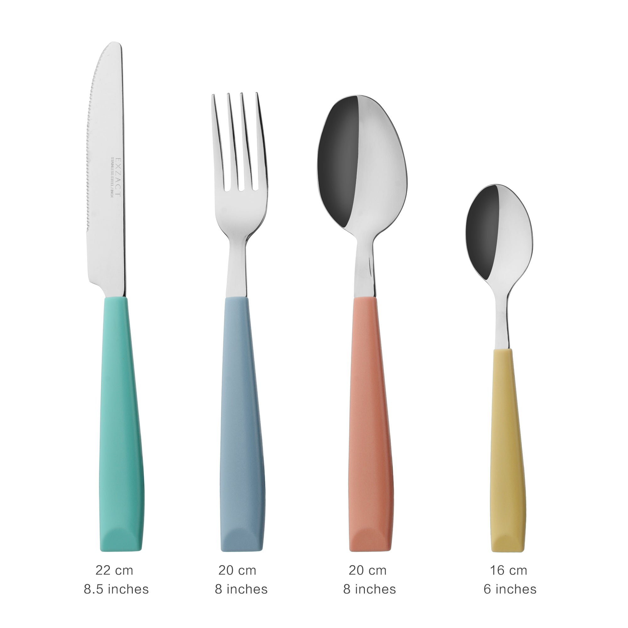 EXZACT Cutlery Set 24pcs Coloured - Stainless Steel with Vibrantly Coloured Plastic Wide Handles