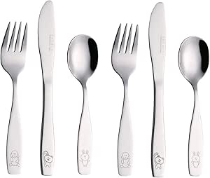 Exzact Children's Cutlery Stainless Steel 6pcs Set - Engraved Dog Cat Bunny Design