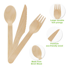 EXZACT Disposable Wooden Cutlery 150 Pieces - Party Forks Knives & Spoons