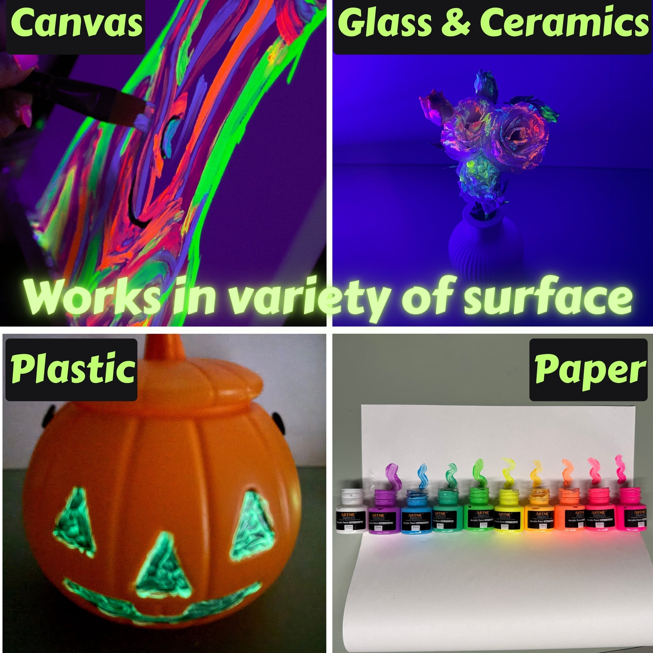 Artme Glow in the Dark Acrylic Paint Set – 10 Neon Colours x 20ml Tubes