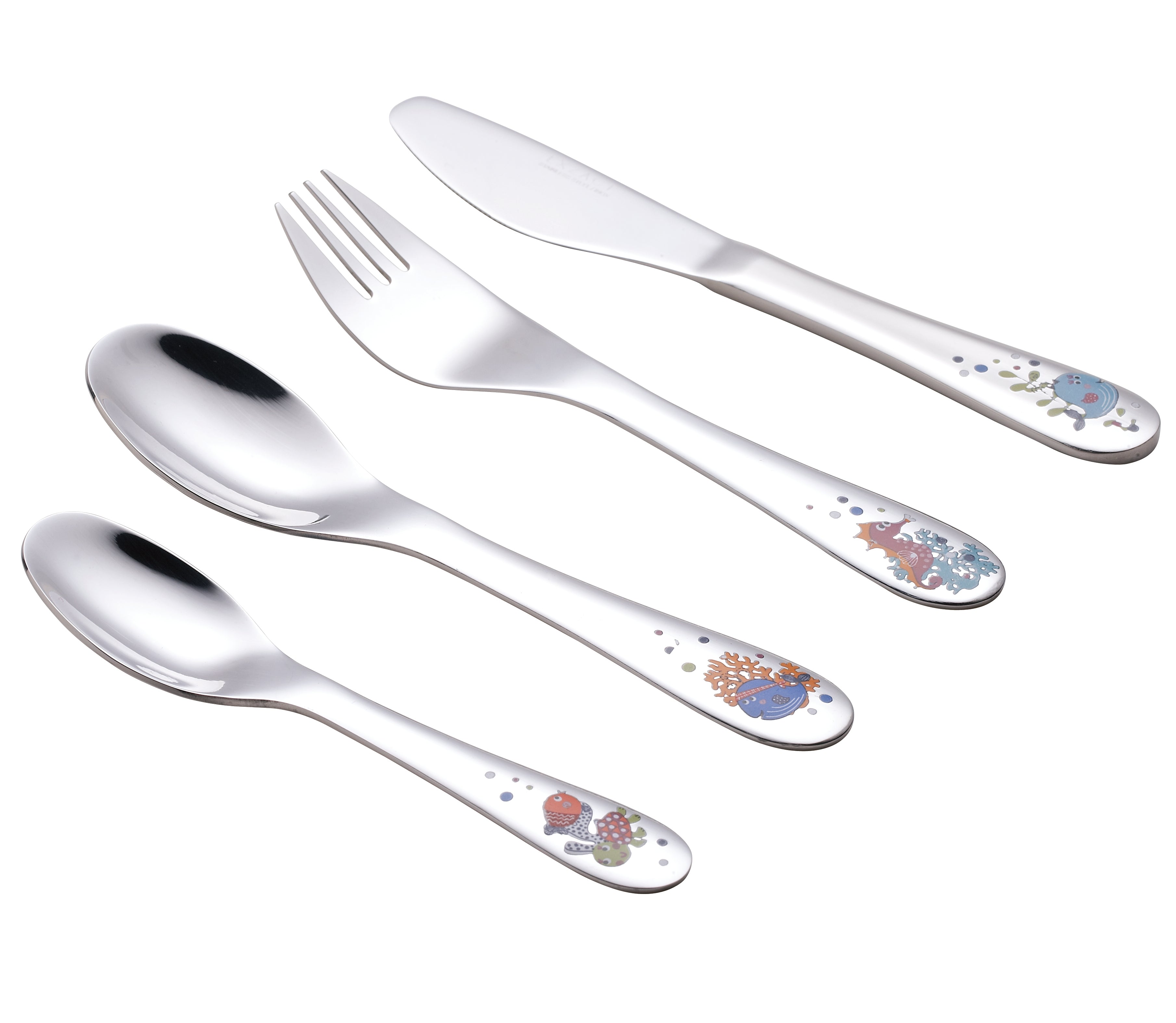 Exzact Children's Cutlery 4pcs Stainless Steel - 1 Fork, 1 Safe Dinner Knife, 1 Dinner Spoon, 1 Dessert Spoon