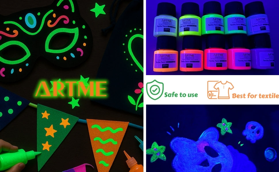 Artme Glow in the Dark Textile Paint 20ml x10pcs – Fabric Paint Set