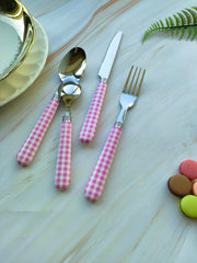 EXZACT Cutlery Set 24pcs Stainless Steel with Gingham Check Coloured Handles (Light Purple New)