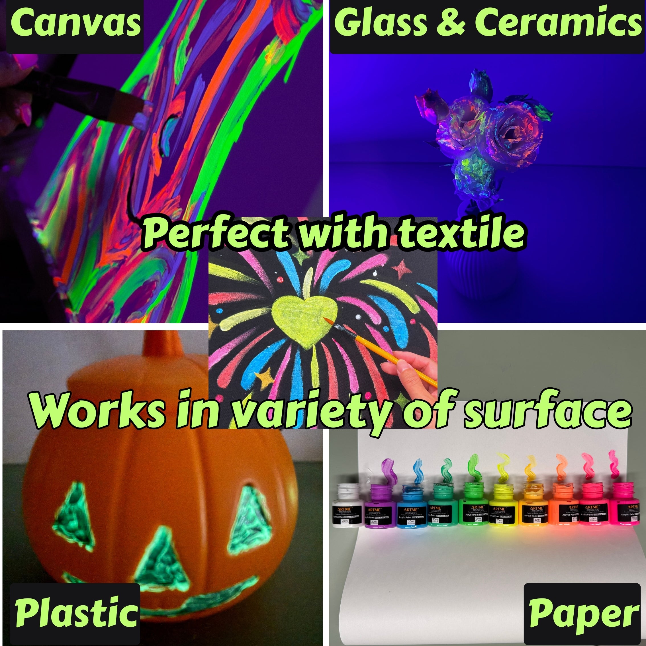 Artme Glow in the Dark Textile Paint 20ml x10pcs – Fabric Paint Set