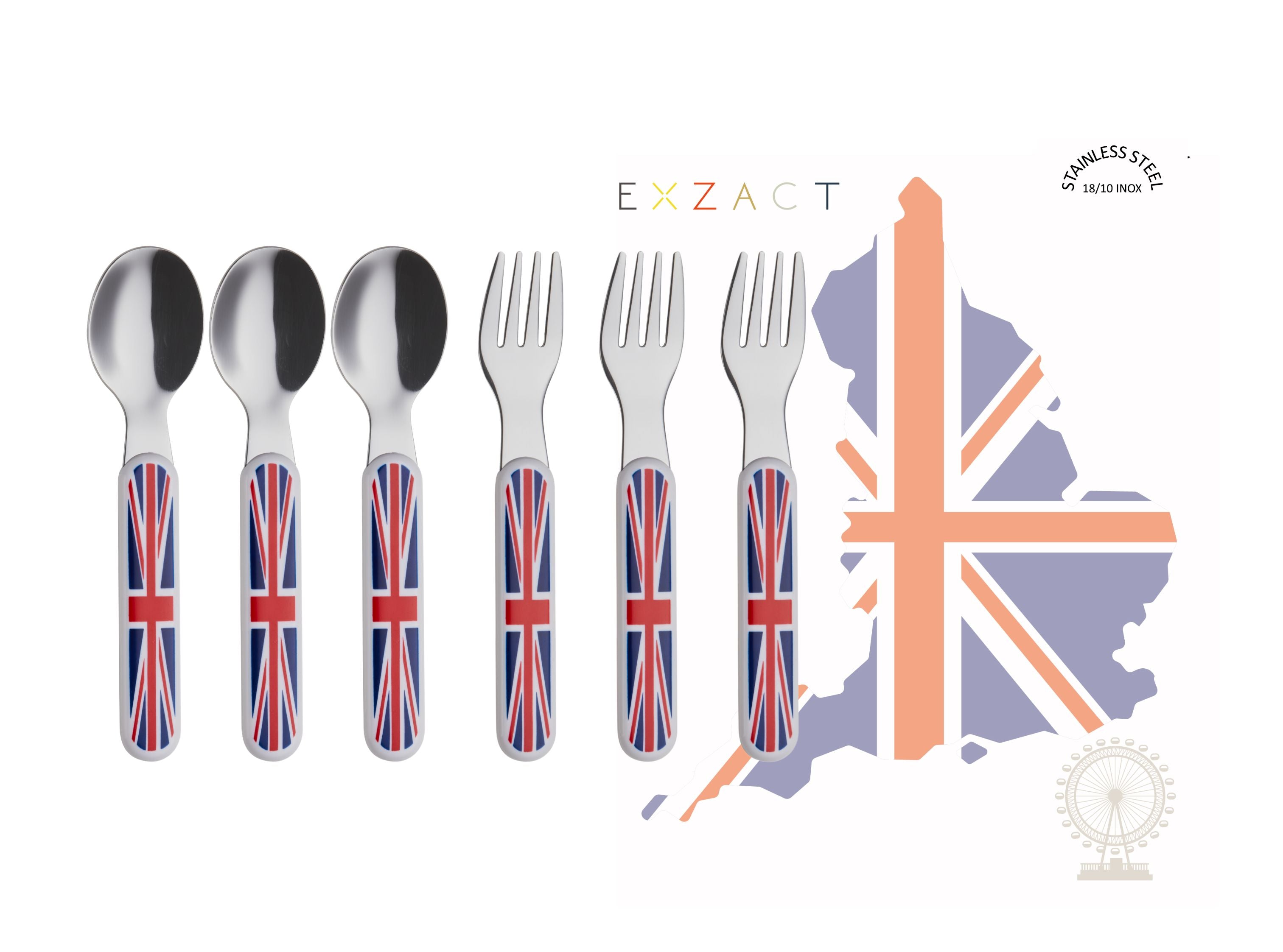 EXZACT Union Jack Kids Cutlery 6pcs Stainless Steel 18/10 - 3 x Forks, 3 x Spoons