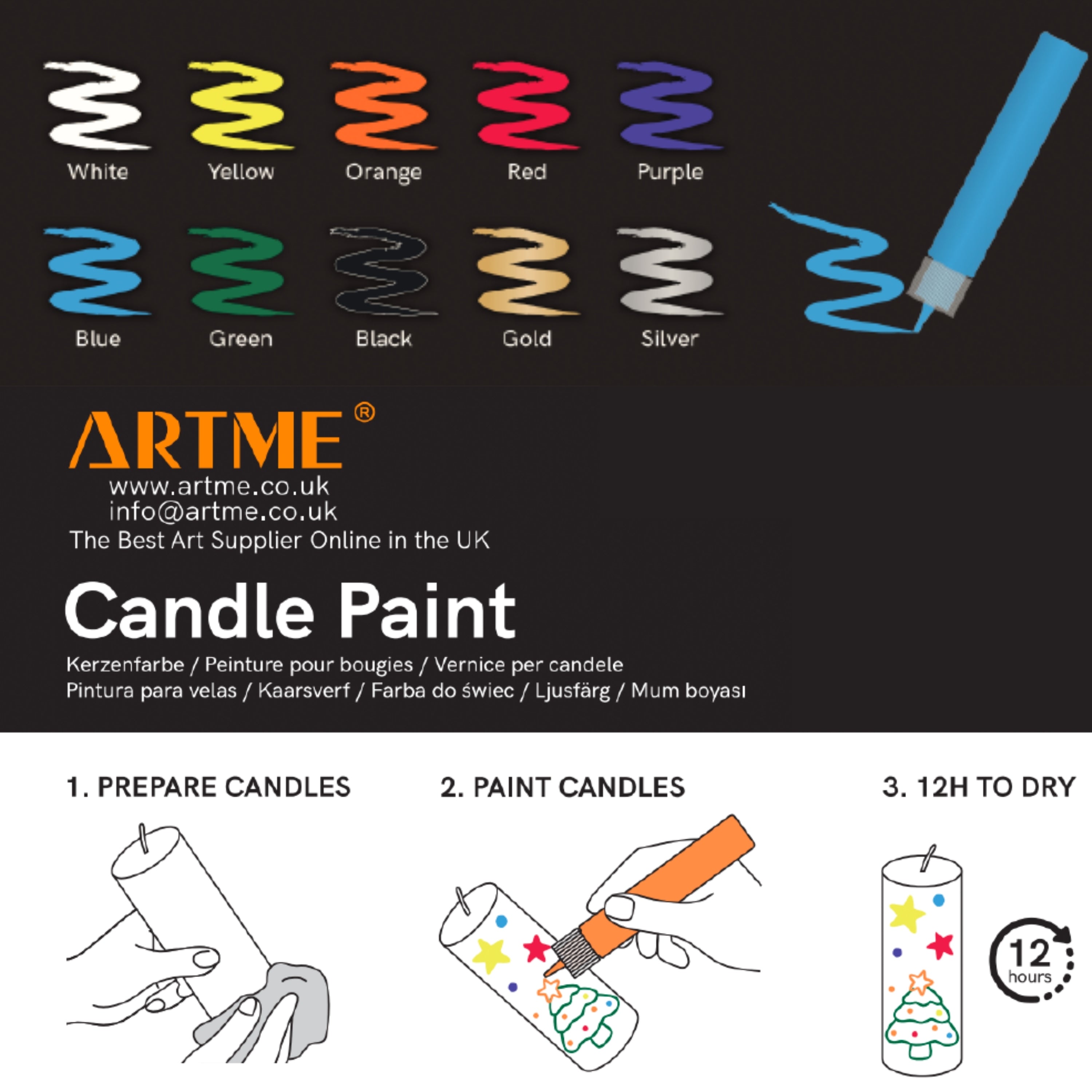 ARTME Candle Paint Set – 10 Colours, 30ml Tubes – Thick, 3D-Effect Paint for Candle Decorating
