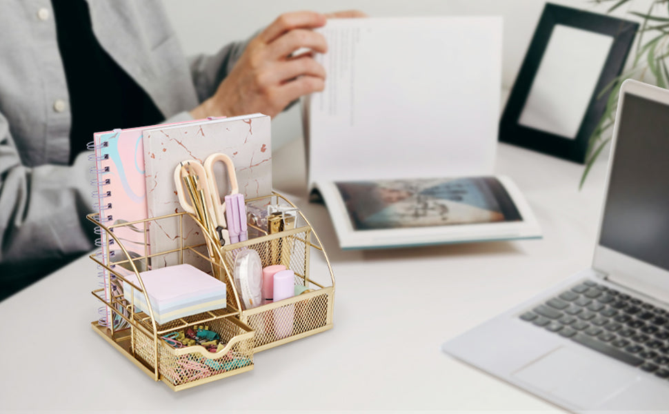 EXERZ Mesh Desk Organiser – 7 Compartments, Multifunctional Metallic Holder
