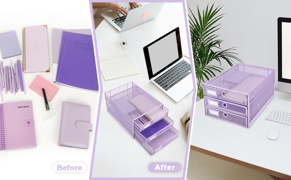EXERZ Paper Sorter 3 Tier Drawers A4 /Letter Tray, Light Purple