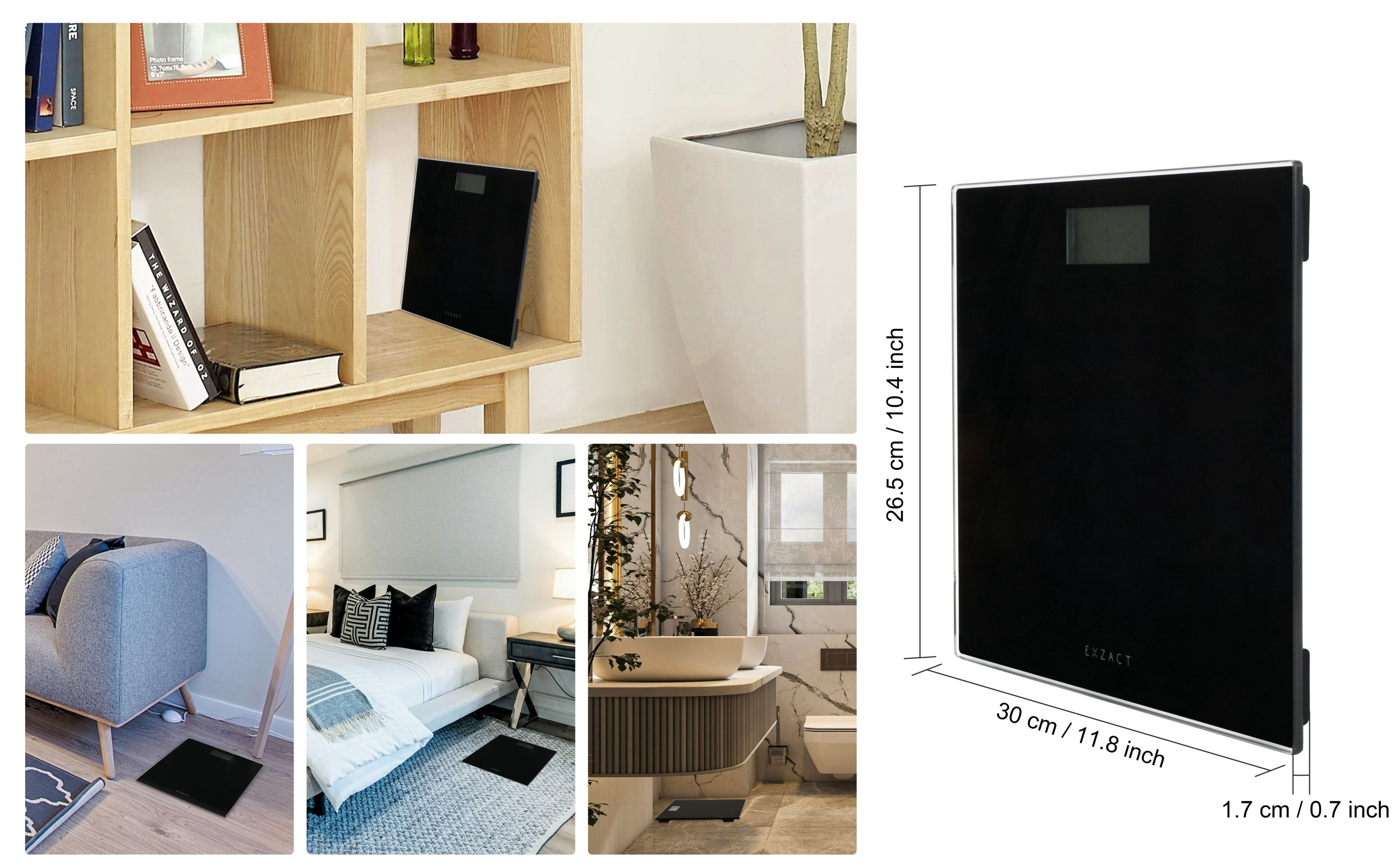 EXZACT Digital Bathroom Scale – 150kg/330lb, Metric & Imperial, Black Glass