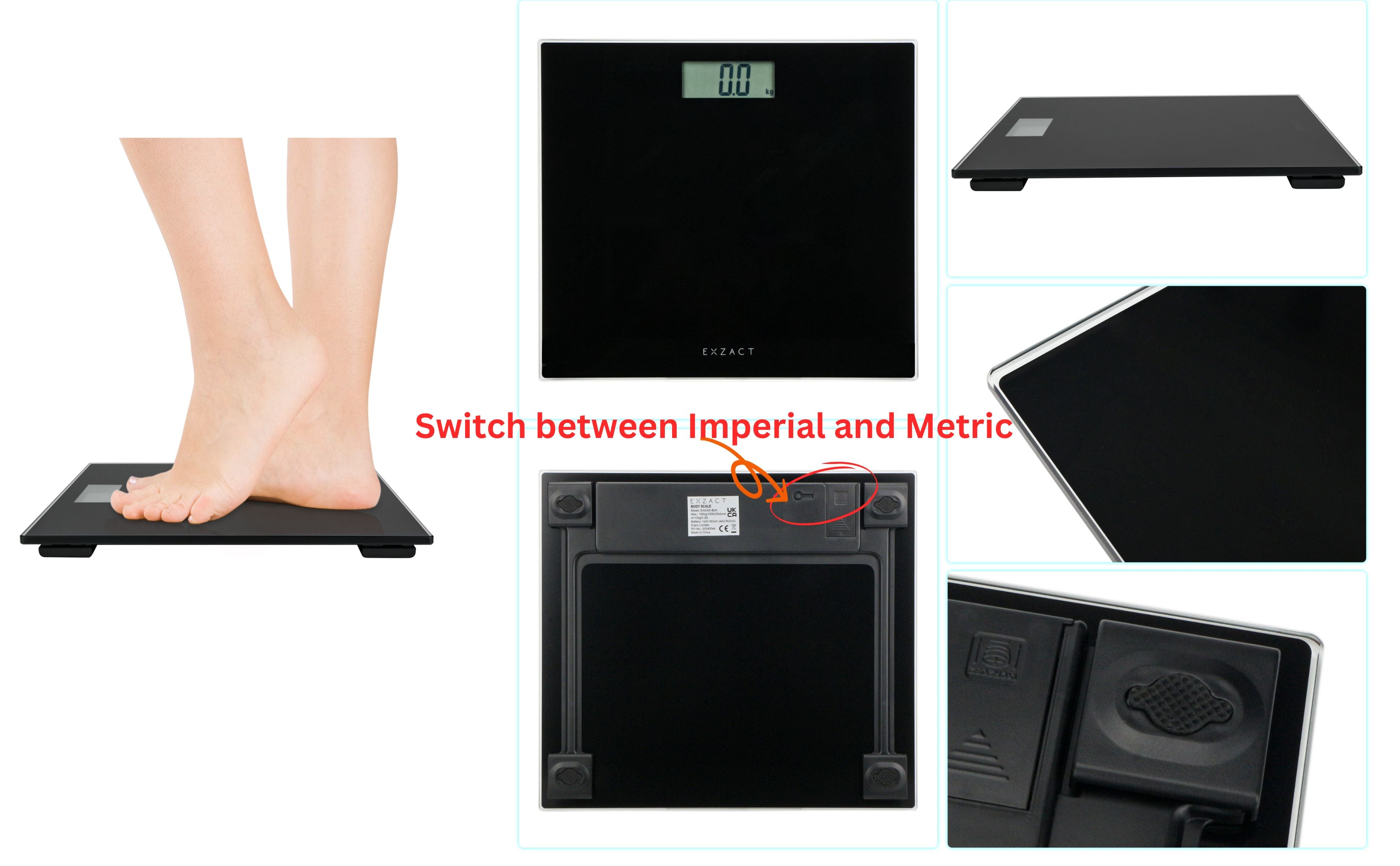 EXZACT Digital Bathroom Scale – 150kg/330lb, Metric & Imperial, Black Glass