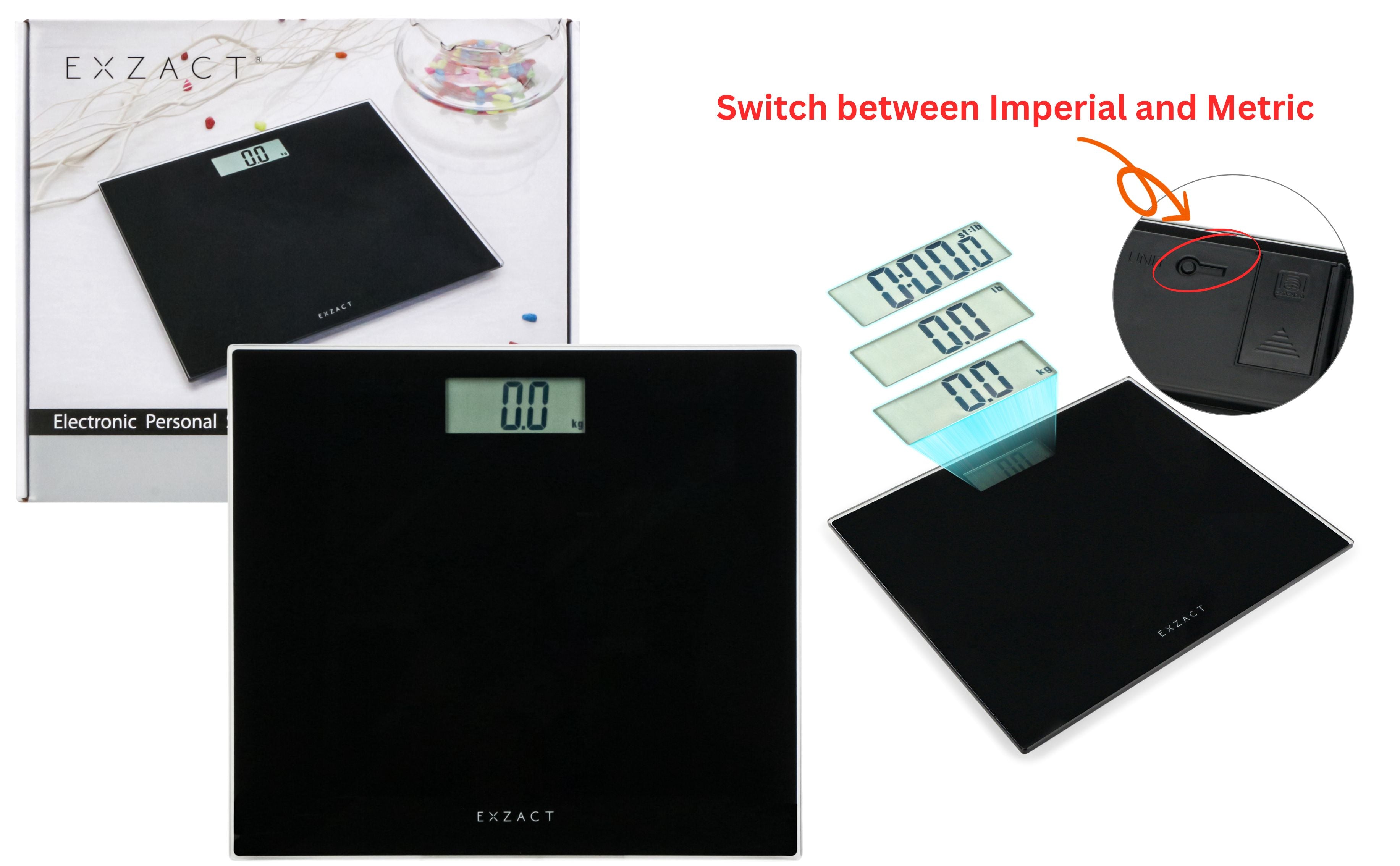 EXZACT Digital Bathroom Scale – 150kg/330lb, Metric & Imperial, Black Glass