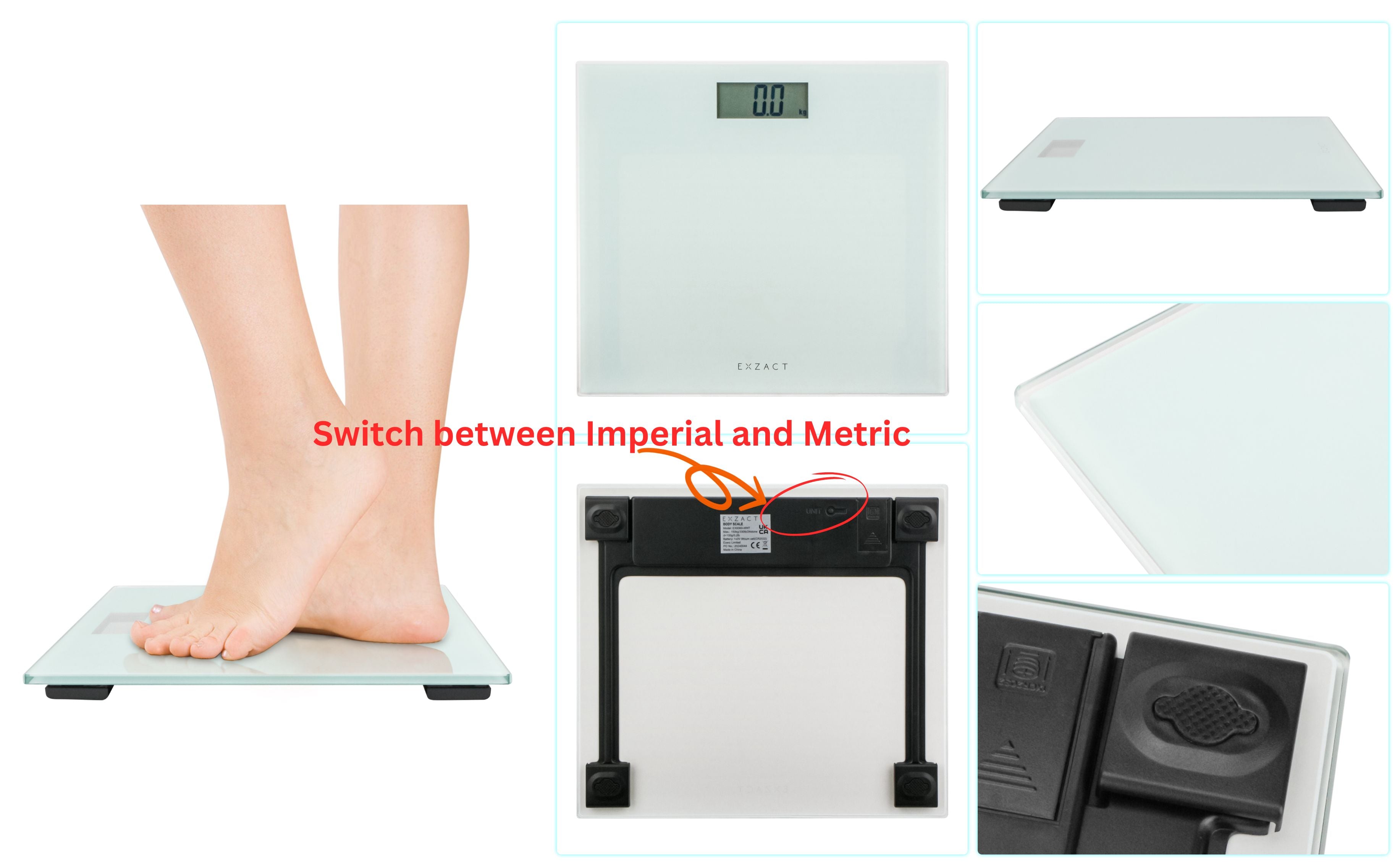 EXZACT Digital Bathroom Scale – 150kg/330lb, Metric & Imperial, White Glass
