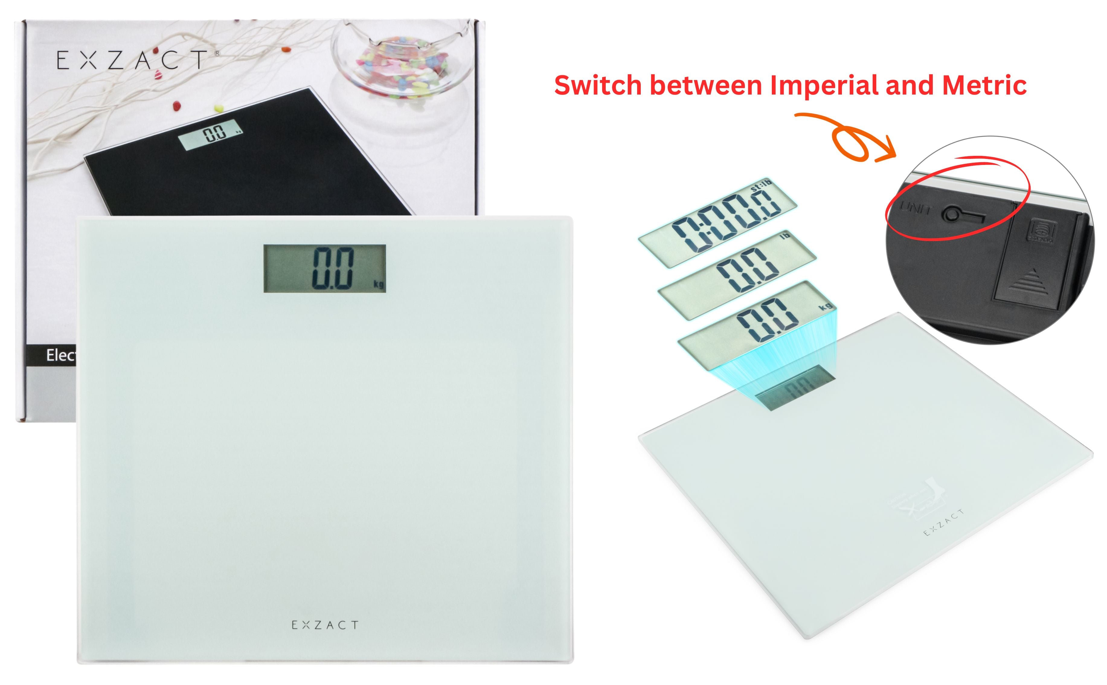 EXZACT Digital Bathroom Scale – 150kg/330lb, Metric & Imperial, White Glass