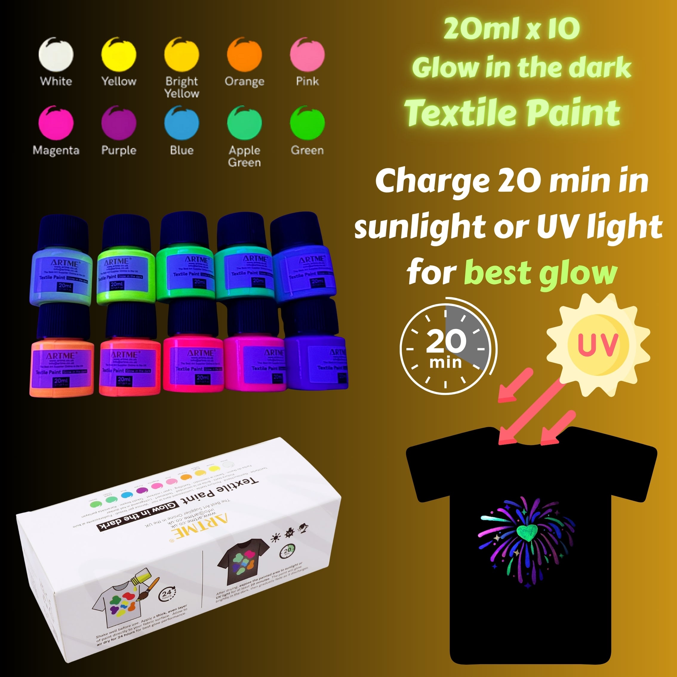 Artme Glow in the Dark Textile Paint 20ml x10pcs – Fabric Paint Set