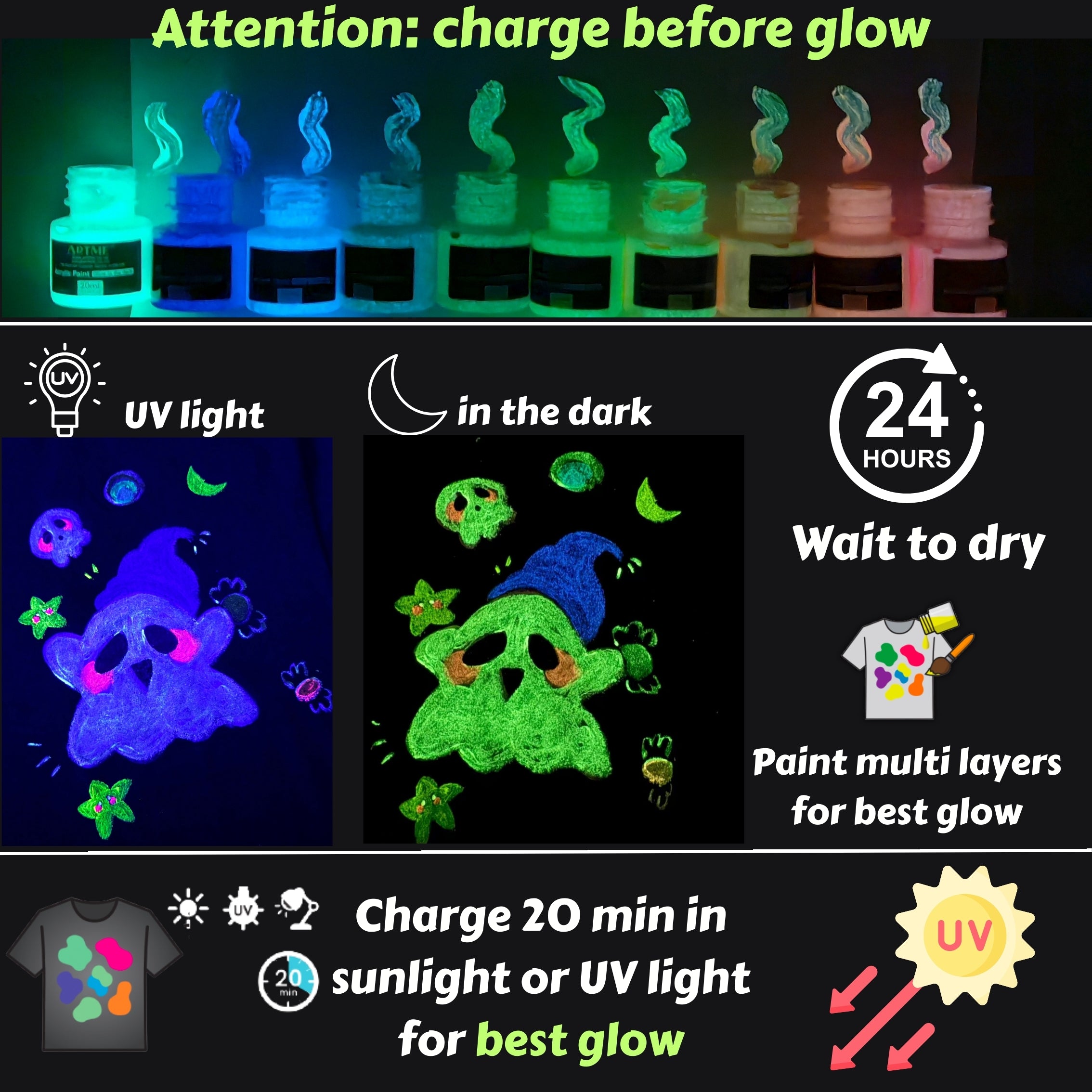 Artme Glow in the Dark Textile Paint 20ml x10pcs – Fabric Paint Set