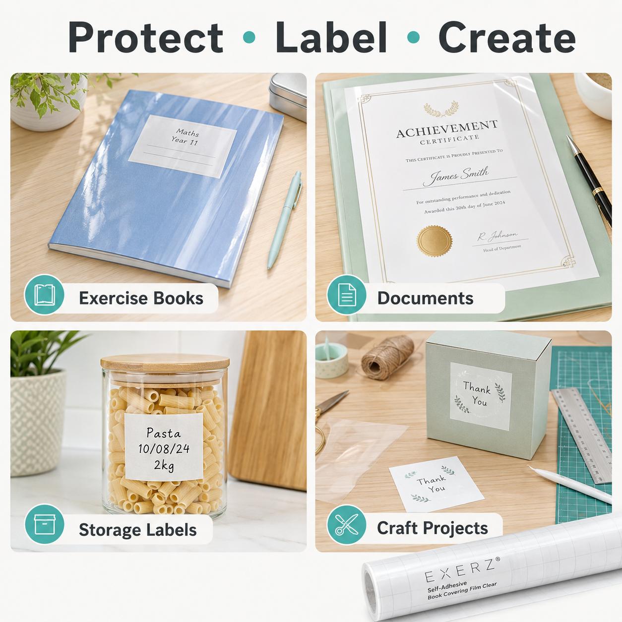 EXERZ Self Adhesive Book Cover Film 33cm x 10m Protective Roll Clear