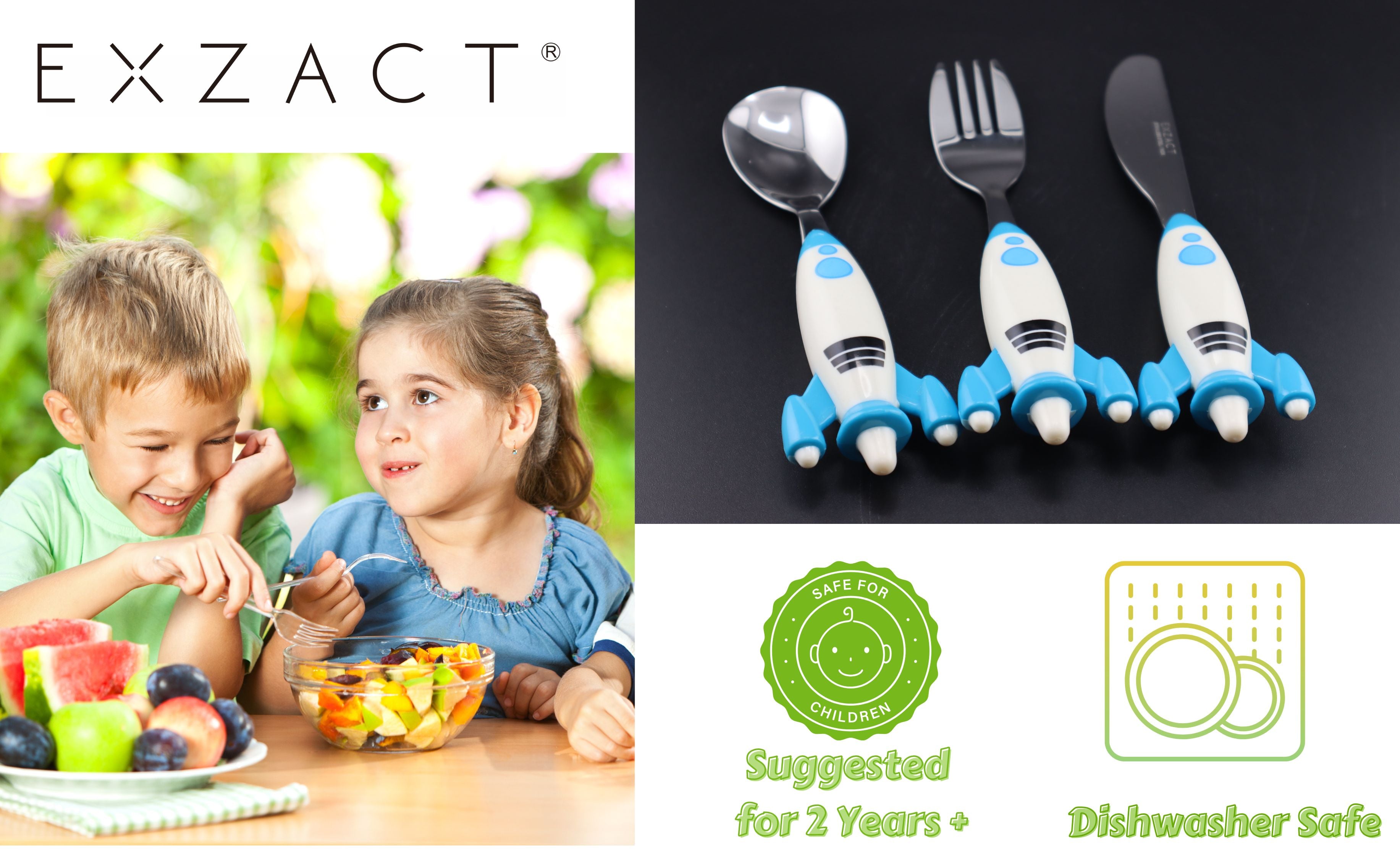 Exzact Childrens Cutlery 3pcs Set Stainless Steel/Kids Flatware (Spaceship)