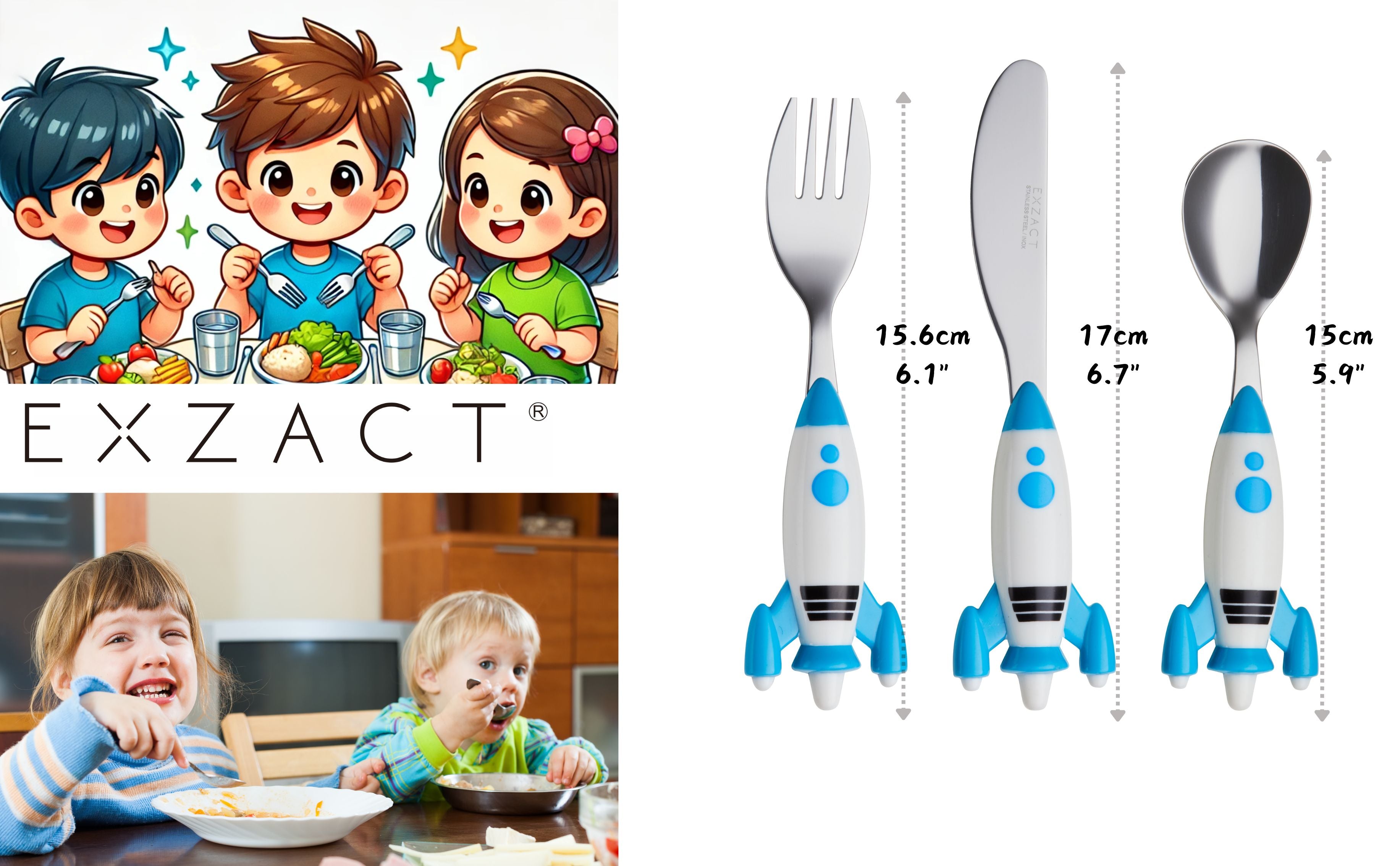 Exzact Childrens Cutlery 3pcs Set Stainless Steel/Kids Flatware (Spaceship)