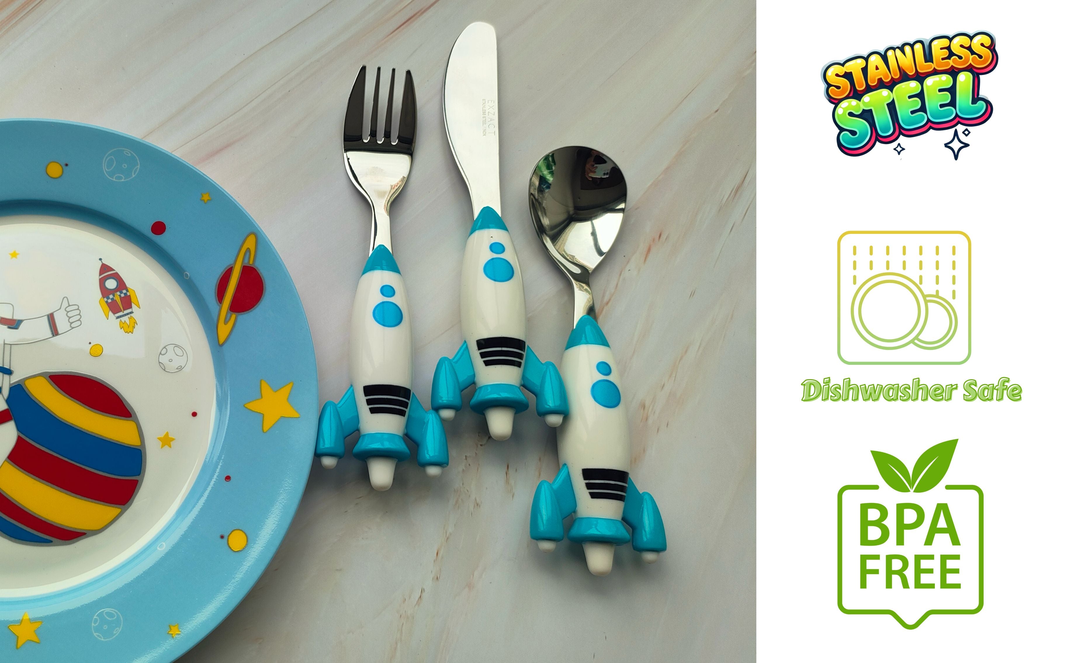 Exzact Childrens Cutlery 3pcs Set Stainless Steel/Kids Flatware (Spaceship)