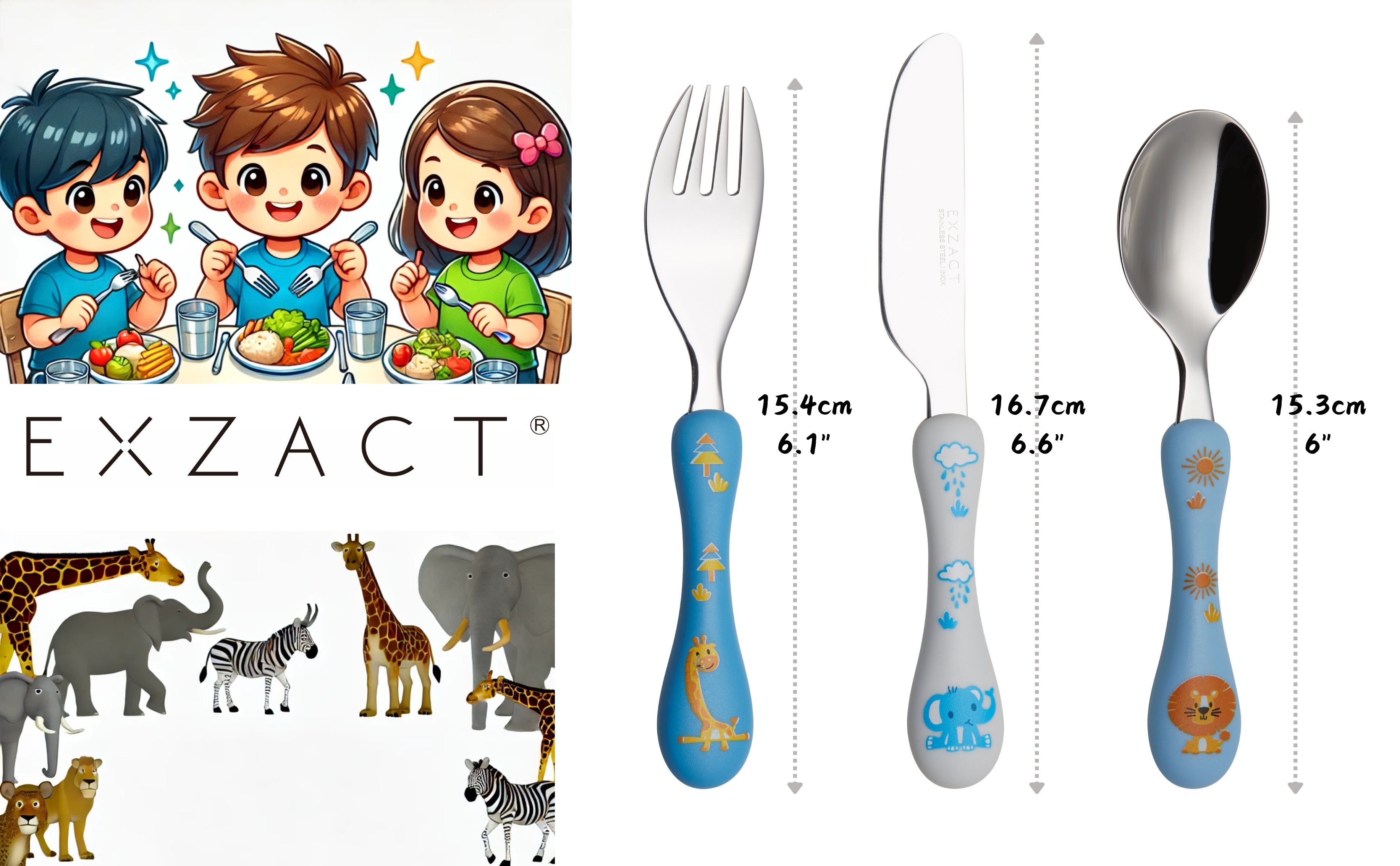 Exzact Children's Cutlery Stainless Steel 6pcs (Safari x 6)