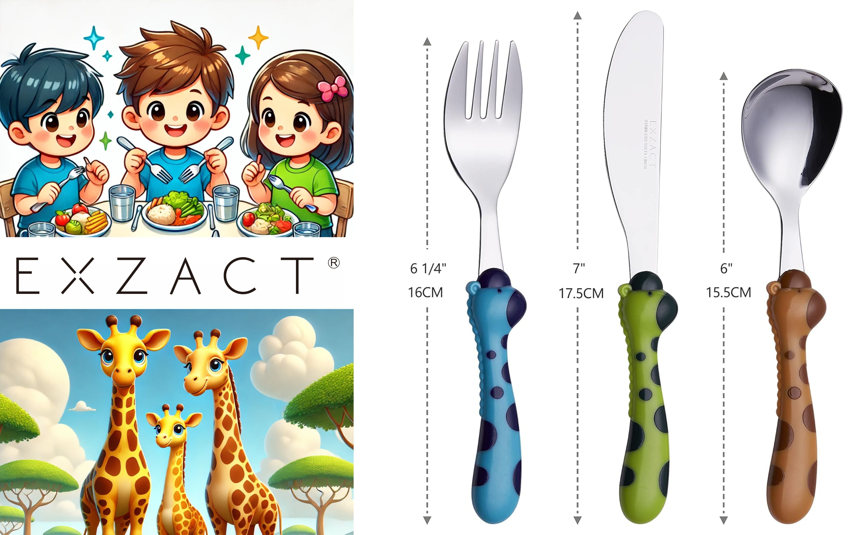 Exzact Children Cutlery Stainless Steel 3pcs - 1 x Fork, 1 x Knife, 1 x Spoon