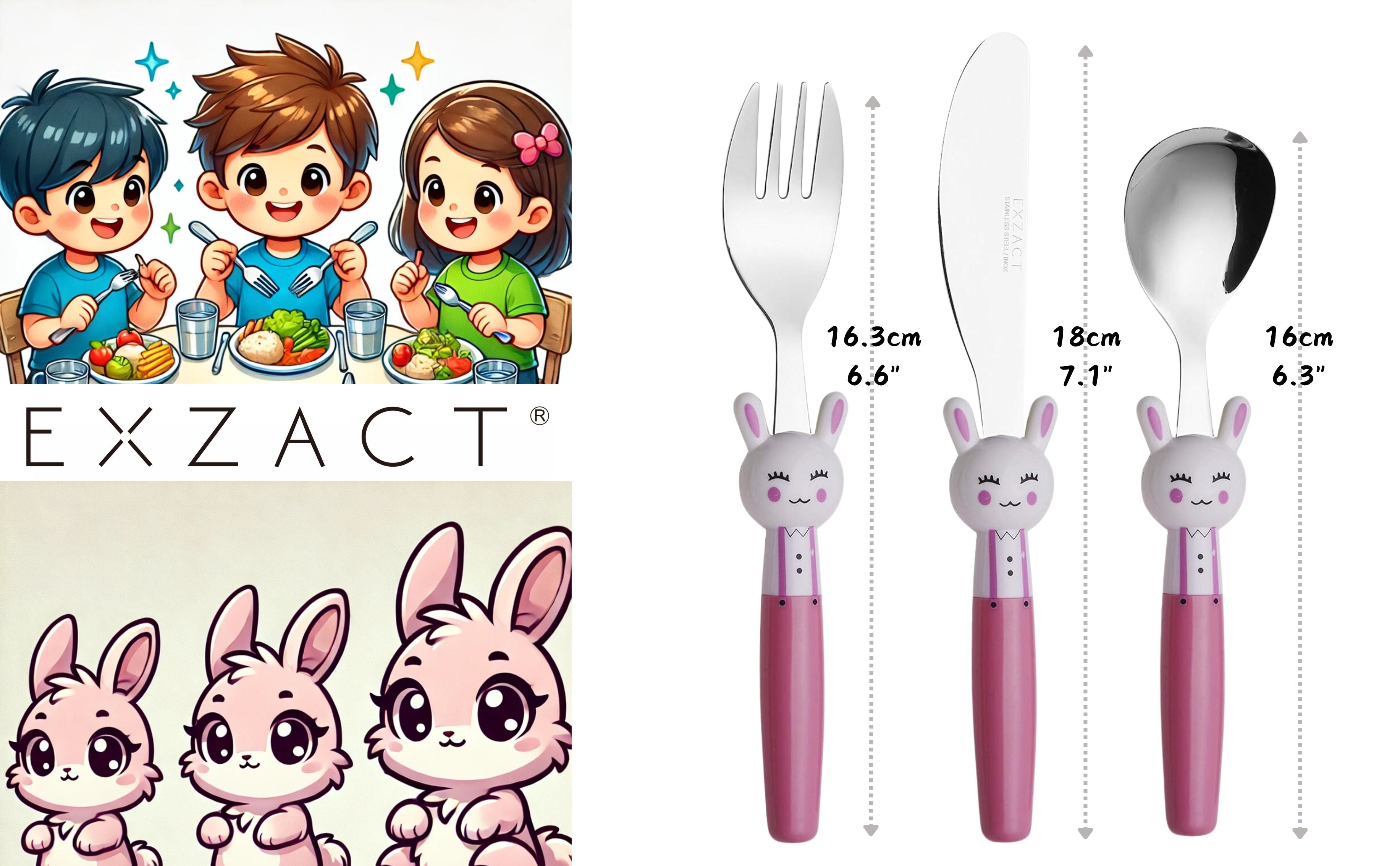 Exzact Children Cutlery Stainless Steel 3pcs - 1 x Fork, 1 x Knife, 1 x Spoon