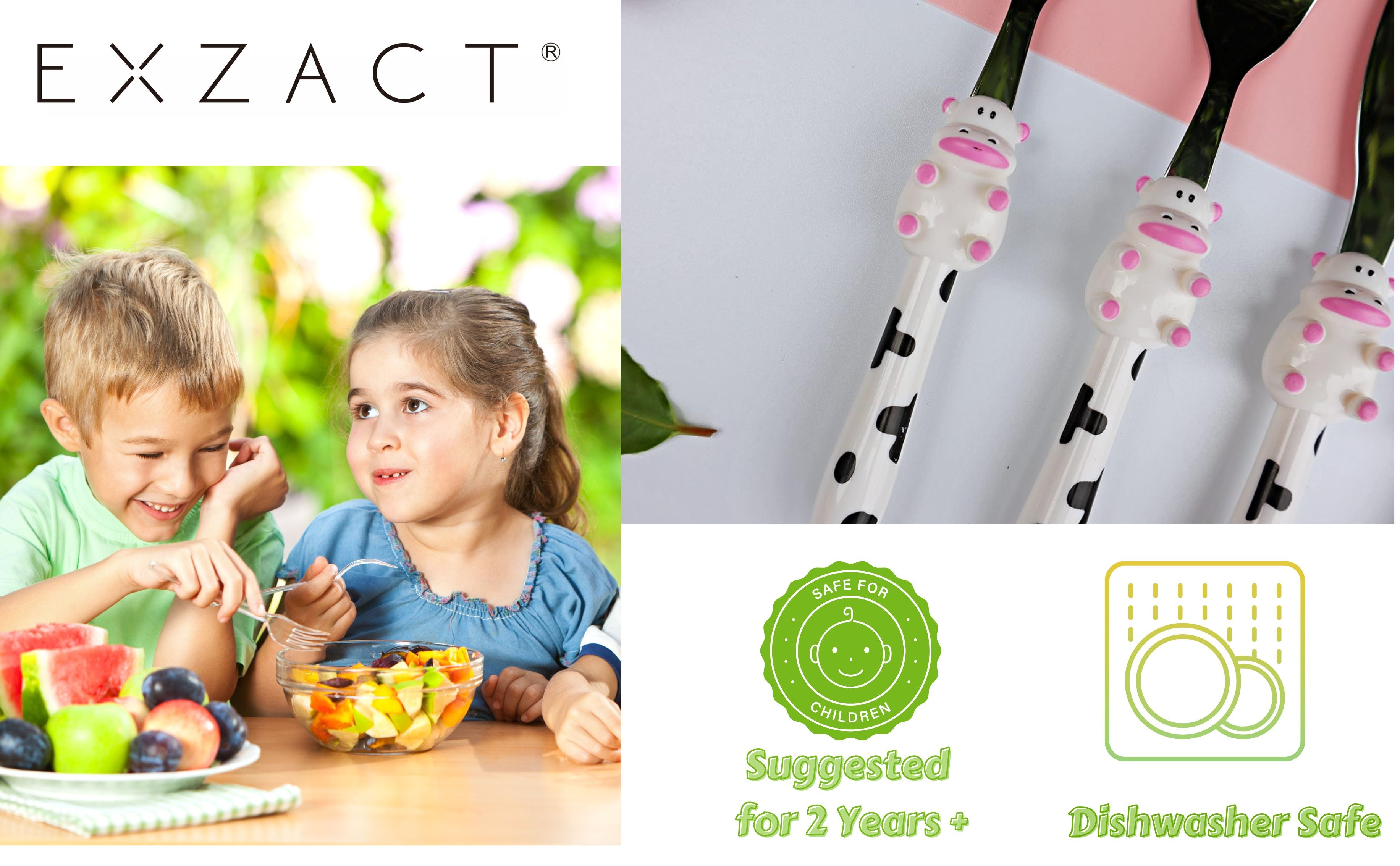 Exzact Children's Cutlery Stainless Steel 6pcs, Kids Toddler Flatware (Cow x 6)