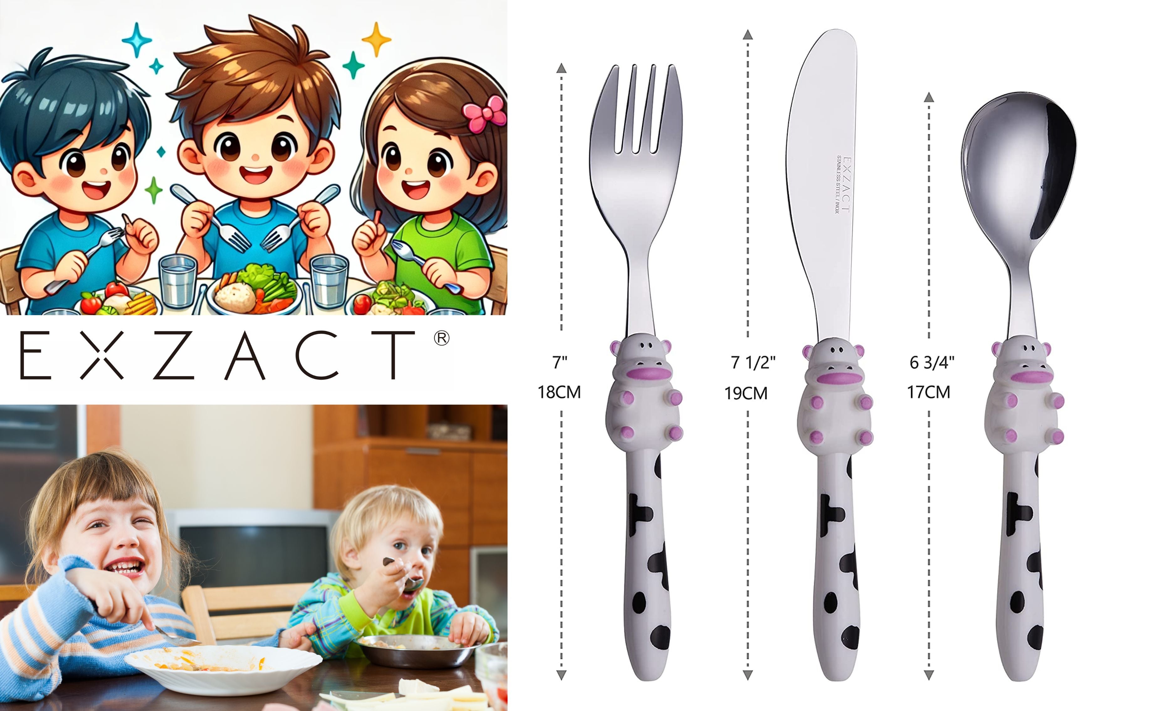 Exzact Children's Cutlery Stainless Steel 6pcs, Kids Toddler Flatware (Cow x 6)