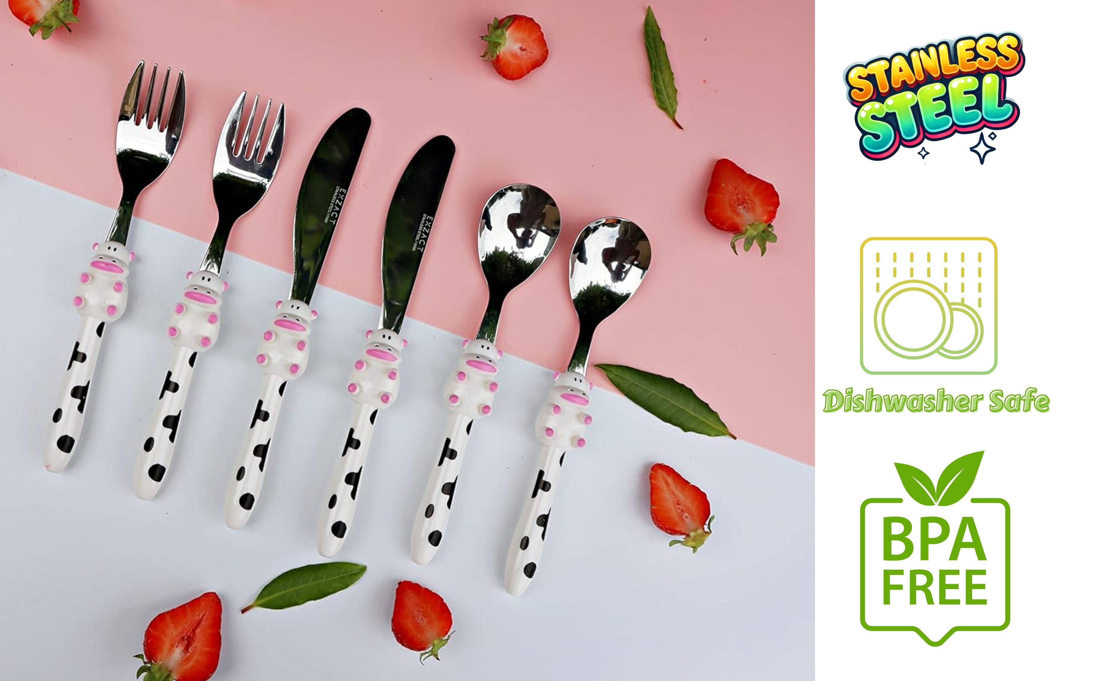 Exzact Children's Cutlery Stainless Steel 6pcs, Kids Toddler Flatware (Cow x 6)