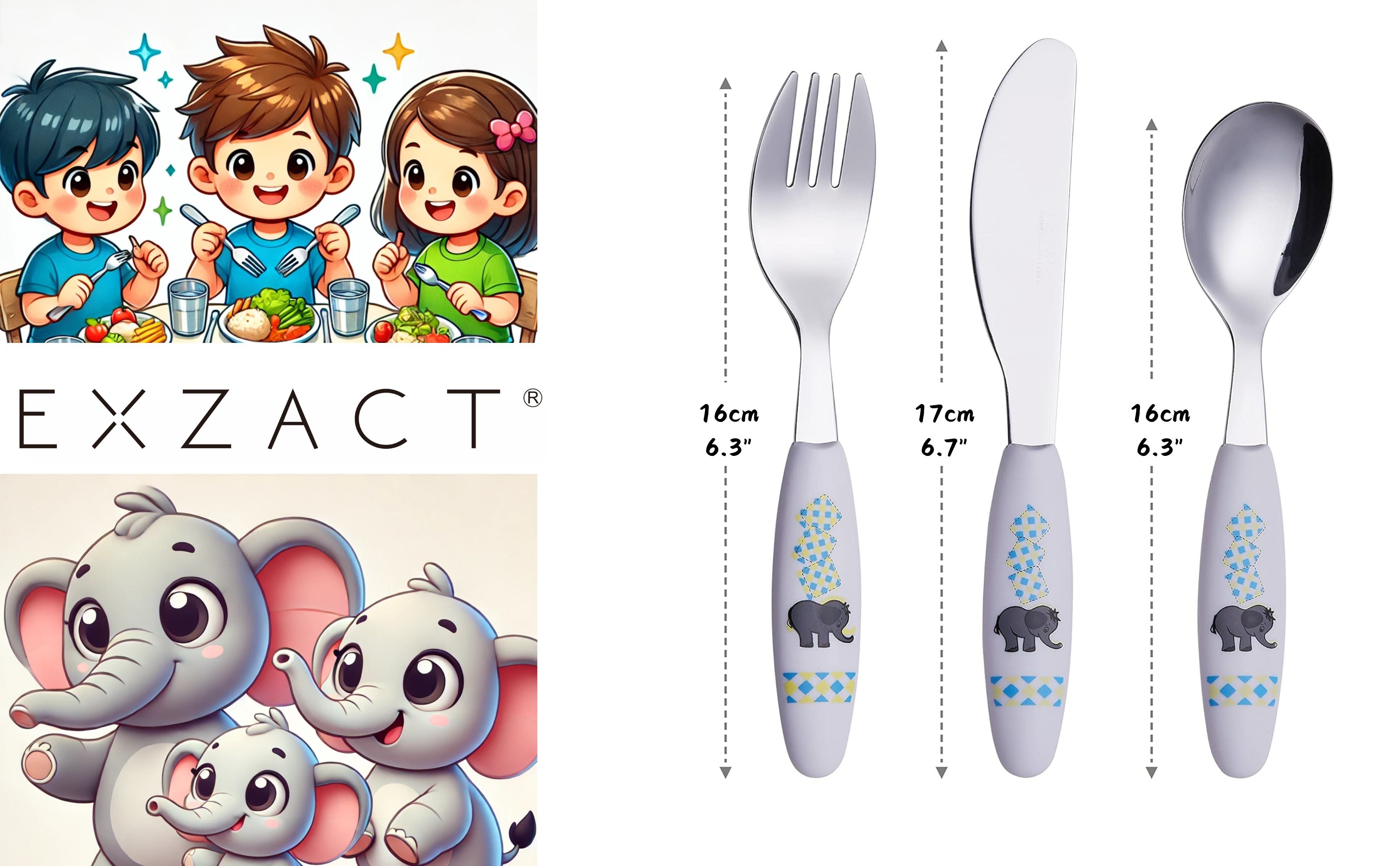 Exzact Children Cutlery Stainless Steel 3pcs - 1 x Fork, 1 x Knife, 1 x Spoon