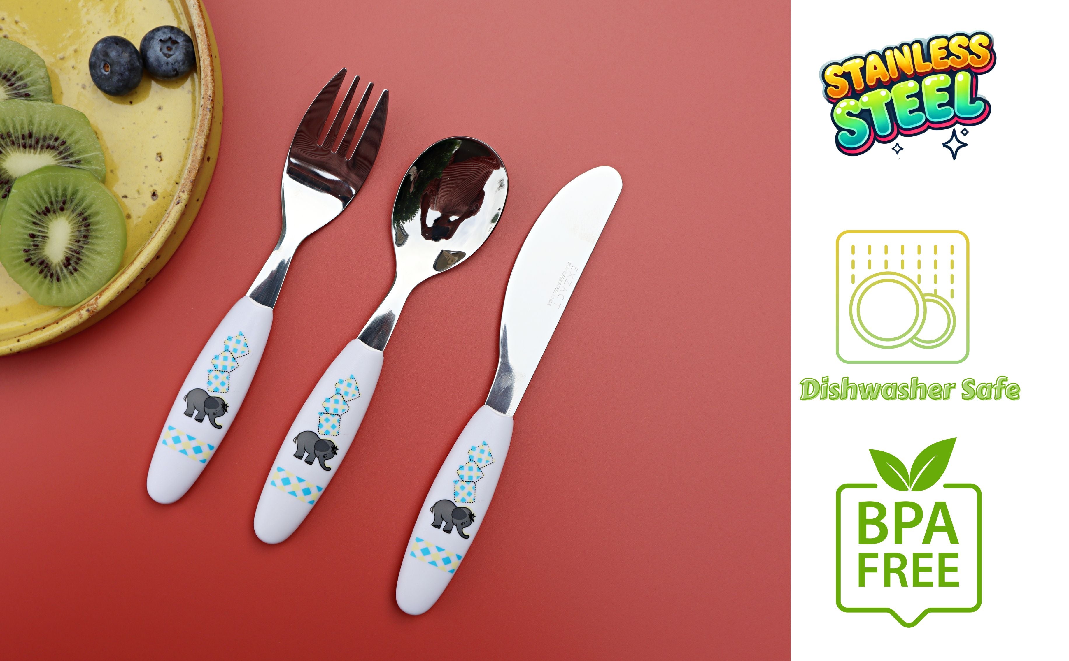 Exzact Children's Cutlery 6pcs Toddler Cutlery - 2 Forks, 2 Safe Dinner Knives, 2 Dinner Spoons