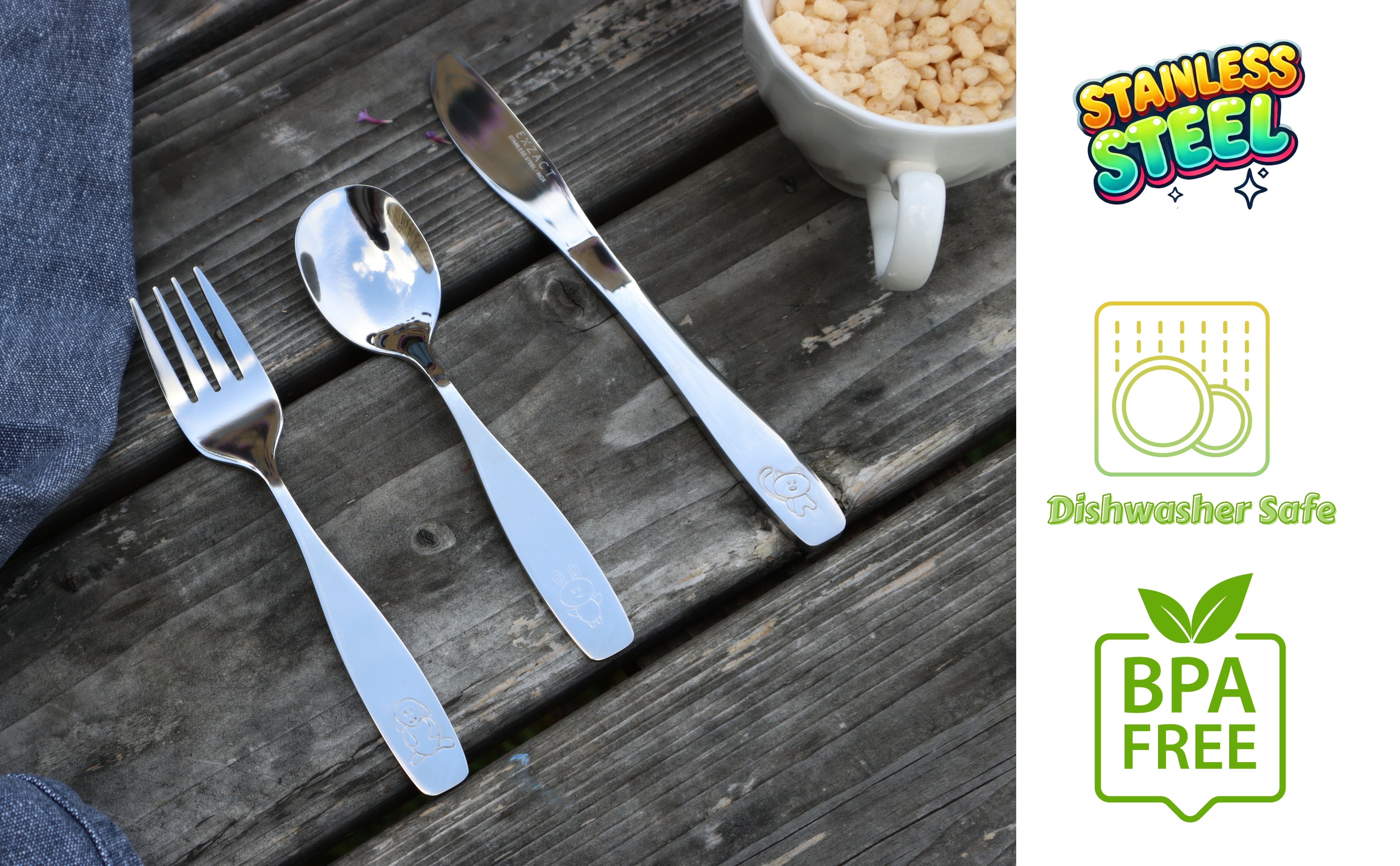 Exzact Children's Cutlery Stainless Steel 3pcs Set - Engraved Design (Dog Cat Bunny x 3)